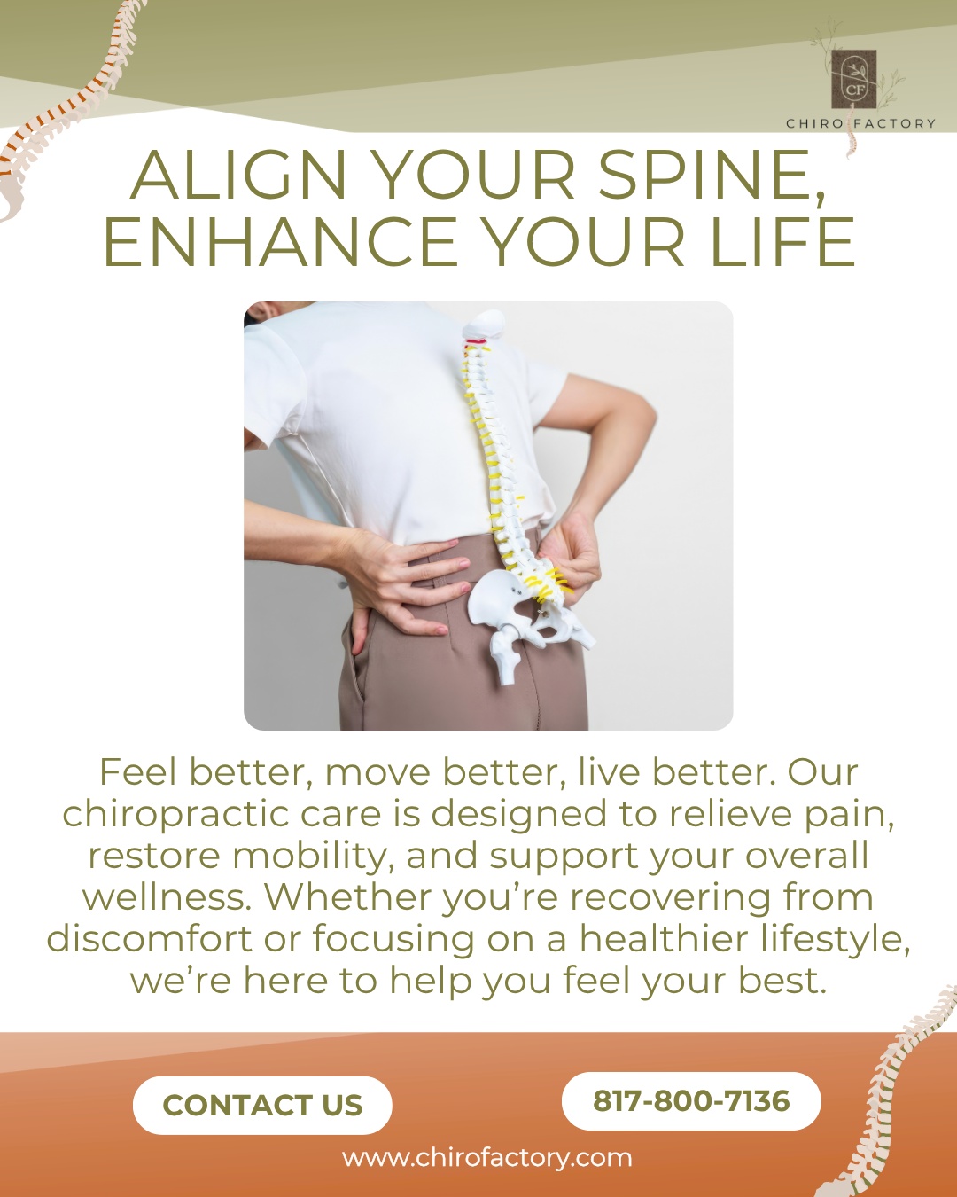 Your spine supports every movement you make. Keeping it aligned can help improve posture, reduce tension, and support your overall well-being. Align your spine, enhance your life, and feel your best every day.
#ChiroFactory #MansfieldTX #ChiropracticCare #BackPainRelief #HealthAndWellness #chirofactory #chiro #holistic #holistichealing #healthjourney #appliedkinesiology #wellness #mansfieldtx #arlingtontx #dallastx #eulesstx #grandprairietx