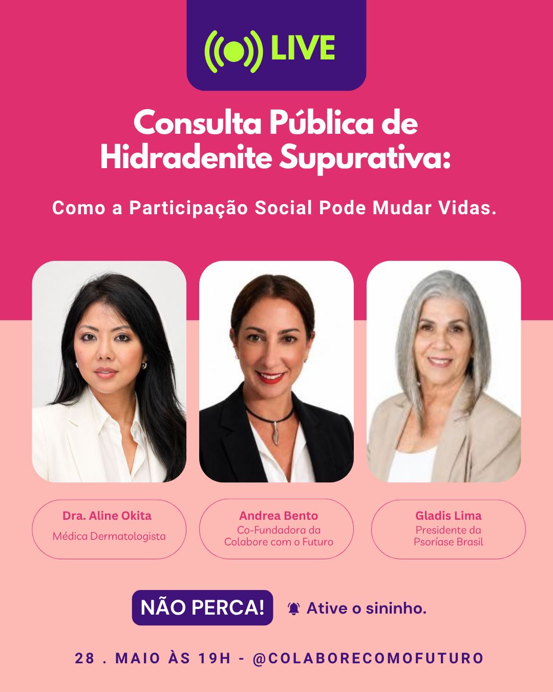 💜 Você sabe como a participação social pode ajudar a garantir mais acesso à saúde e tratamentos para milhares de pessoas?
No dia 28 de maio, às 19h, vamos conversar sobre a Consulta Pública de Hidradenite Supurativa e mostrar como cada contribuição pode fazer a diferença na inclusão de um novo tratamento na cobertura obrigatória dos planos de saúde.
Vamos receber convidados super especiais:
👩⚕️ Dra. Aline Okita
Dermatologista, pesquisadora e referência em inovação, telemedicina e inteligência artificial na saúde.
💜 Gladis Lima
Presidente da Psoríase Brasil e grande voz na luta por acesso a tratamentos e direitos dos pacientes.
💬 Andrea Bento
Co-fundadora da Colabore com o Futuro, uma das maiores referências em health advocacy no Brasil.
🗓️ 28 de maio
⏰ 19h
📍 Ao vivo no Instagram @colaborecomofuturo
✨ Entenda por que participar da consulta pública é tão importante e como sua voz pode ajudar a mudar vidas.
🔔 Ative o sininho e não perca!
#HidradeniteSupurativa #ConsultaPublica #ParticipacaoSocial #ColaboreComOFuturo #AdvocacyEmSaude #SaudePublica #DireitoASaude #HS #AcessoATratamento #Pacientes #PoliticasPublicas