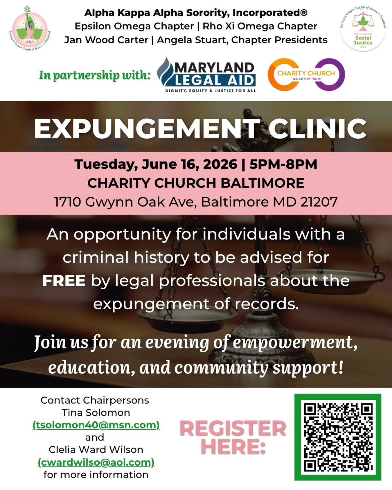โจ Ready for a clean slate? Letโs clear the path to new possibilities! ๐๐
Alpha Kappa Alpha Sorority, Inc.ยฎ Rho Xi Omega Chapter and Epsilon Omega Chapter, in partnership with Maryland Legal Aid, invite you to a FREE Expungement Clinic on Tuesday, June 16 from 5-8 PM.
Legal experts will be onsite to assist eligible individuals with starting the process to clear their records. Itโs time to break down barriers and build brighter futures.
#AKA1908 #RXO1988 #ExpungementClinic #SecondChances #CommunityEmpowerment ServiceToAllMankind