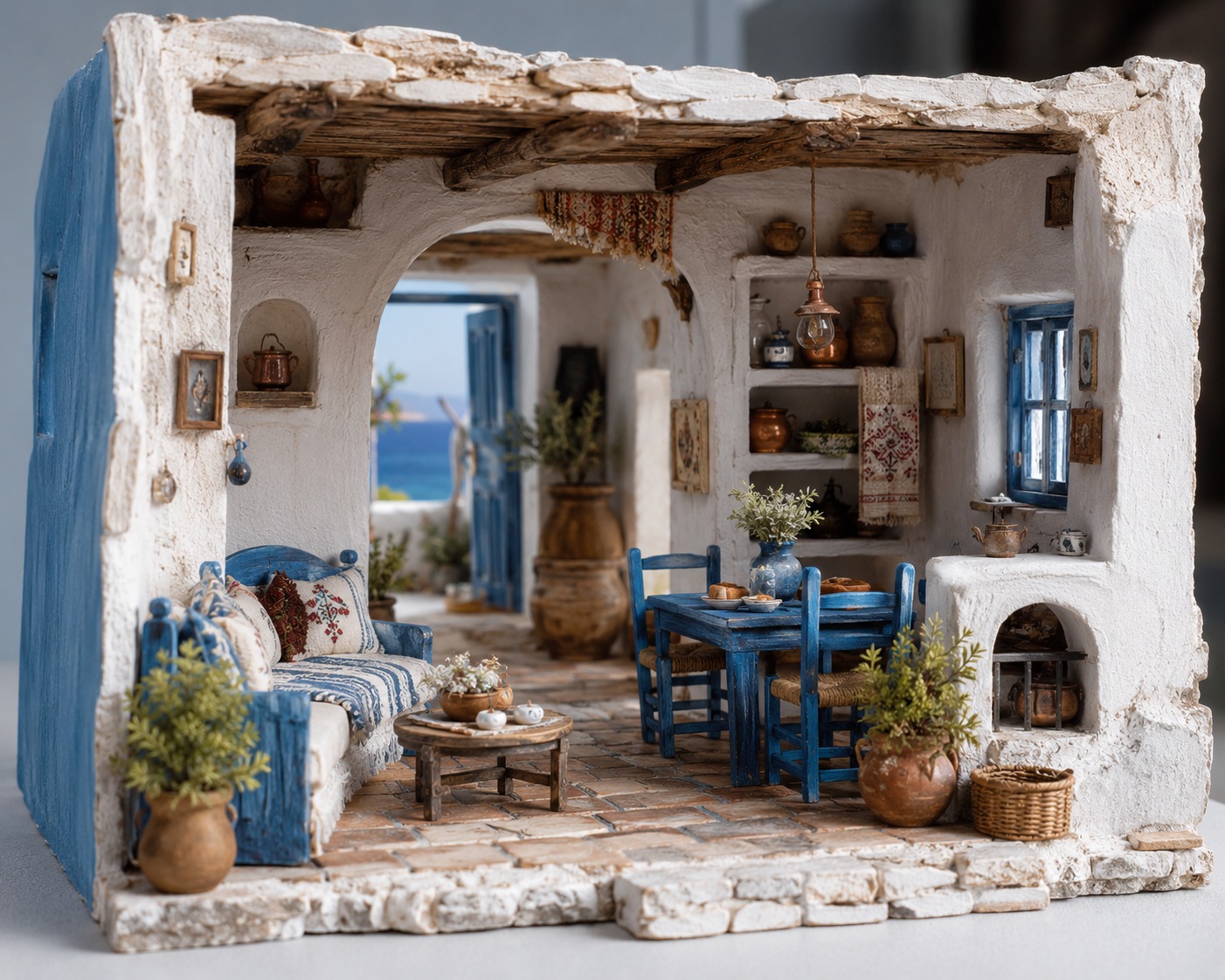Auntie Kalliroe’s ladle is missing, the blue chairs are slapping, and this miniature Crete house interior has me mentally packing for Greece. Come tour the stucco walls, terracotta tiles, rustic shelves, textiles, and tiny sea-view doorway. Full post at the link in bio!
#smallworldminiatures #miniatureart #cretehouse #dollhouseminiatures #miniaturediorama
