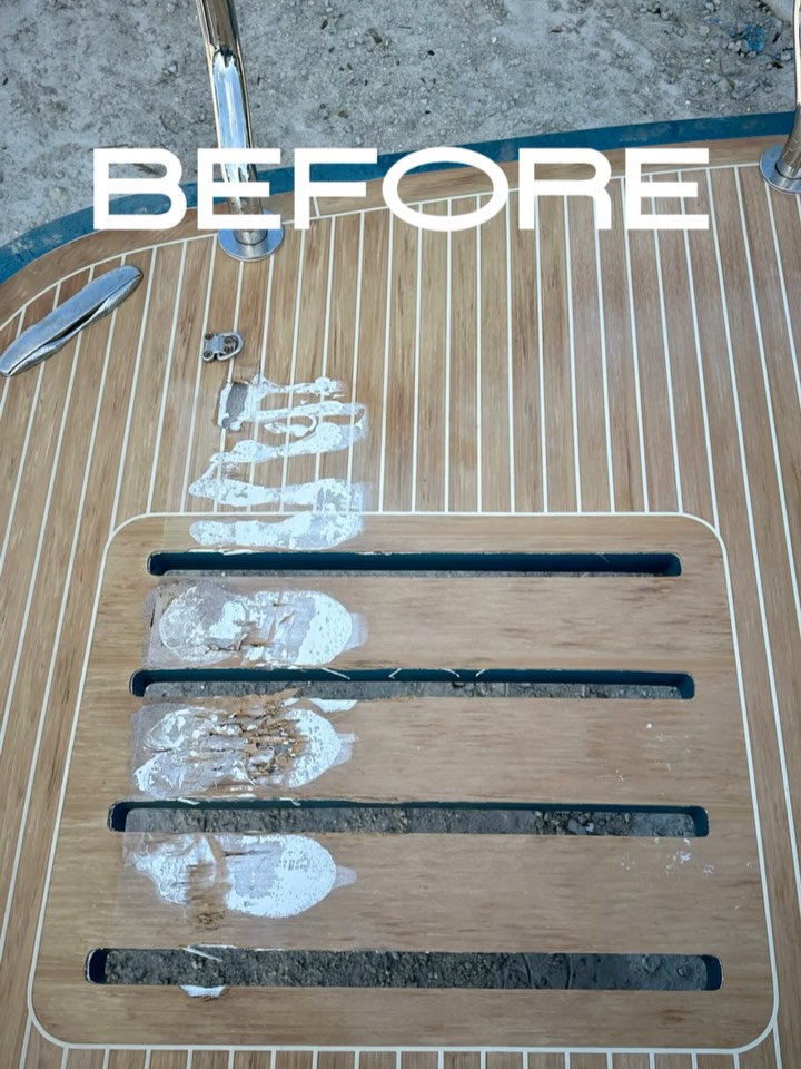 Synthetic teak decking repair and maintenance. #huntyachts #hinckleyyachts #yachtmaintenance #yachtdecking #ebersoldboatworks