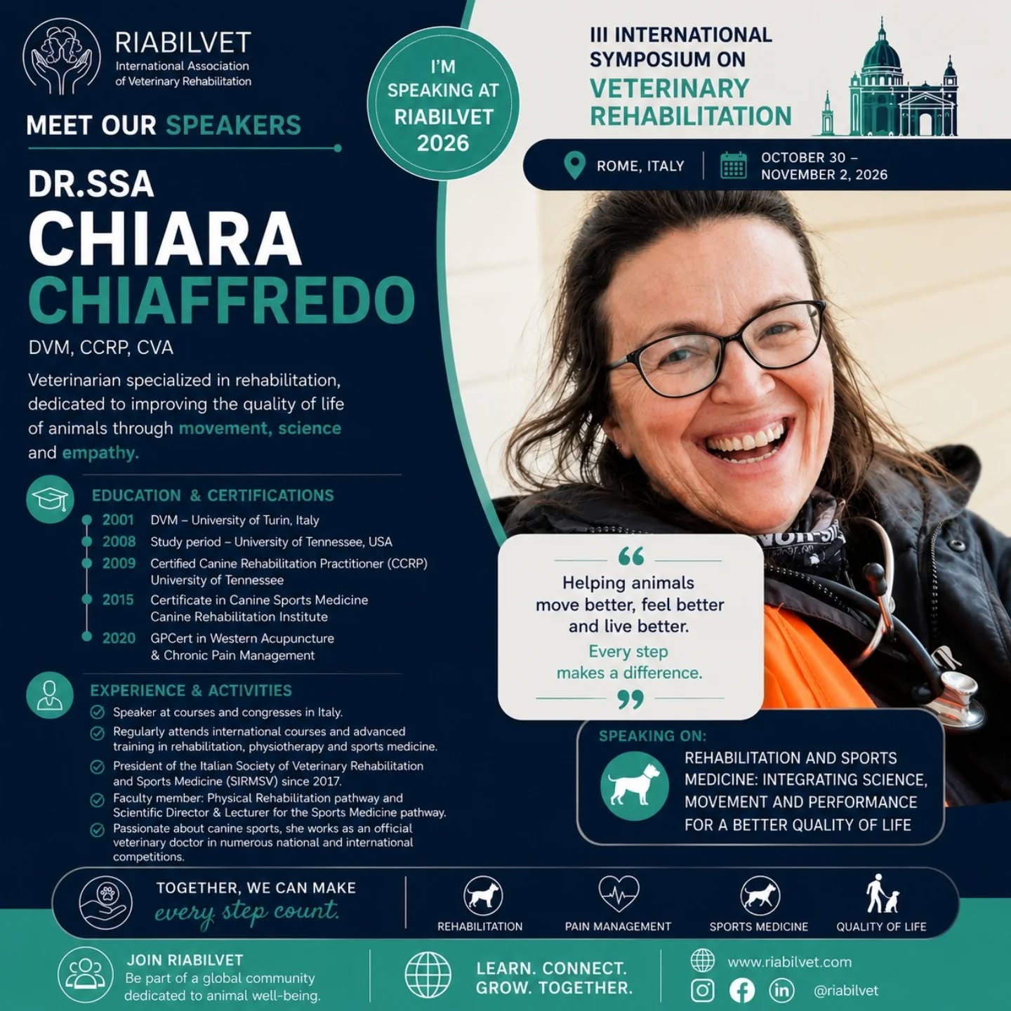 🇮🇹✨ Siamo orgogliosi di presentare una delle relatrici internazionali del RIABILVET 2026:
🎓 Dr.ssa Chiara Chiaffredo
Veterinaria dedicata esclusivamente alla fisiatria, riabilitazione e medicina sportiva veterinaria, con una lunga esperienza internazionale nella gestione del dolore, nella medicina sportiva e nella riabilitazione funzionale.
✔ CCRP – University of Tennessee
✔ GPCert in Western Acupuncture & Chronic Pain Management
✔ Presidente SIRMSV dal 2017
✔ Relatrice internazionale e docente in fisiatria veterinaria
🌍 Competenza, esperienza clinica e passione si incontrano in una professionista che da anni contribuisce alla crescita della riabilitazione veterinaria in Europa.
📍 La Dr.ssa Chiara Chiaffredo sarà tra i protagonisti del:
🎓 III International Symposium on Veterinary Rehabilitation – RIABILVET 2026
📅 30 ottobre – 2 novembre 2026
📍 Roma, Italia
💬 “Helping animals move better, feel better and live better.”
🔥 Iscrizioni aperte
🎟️ Posti limitati
#Riabilvet2026
#VeterinaryRehabilitation
#SportsMedicine
#PainManagement
#Physiatry
VeterinaryMedicine
VetCongress
ChiaraChiaffredo