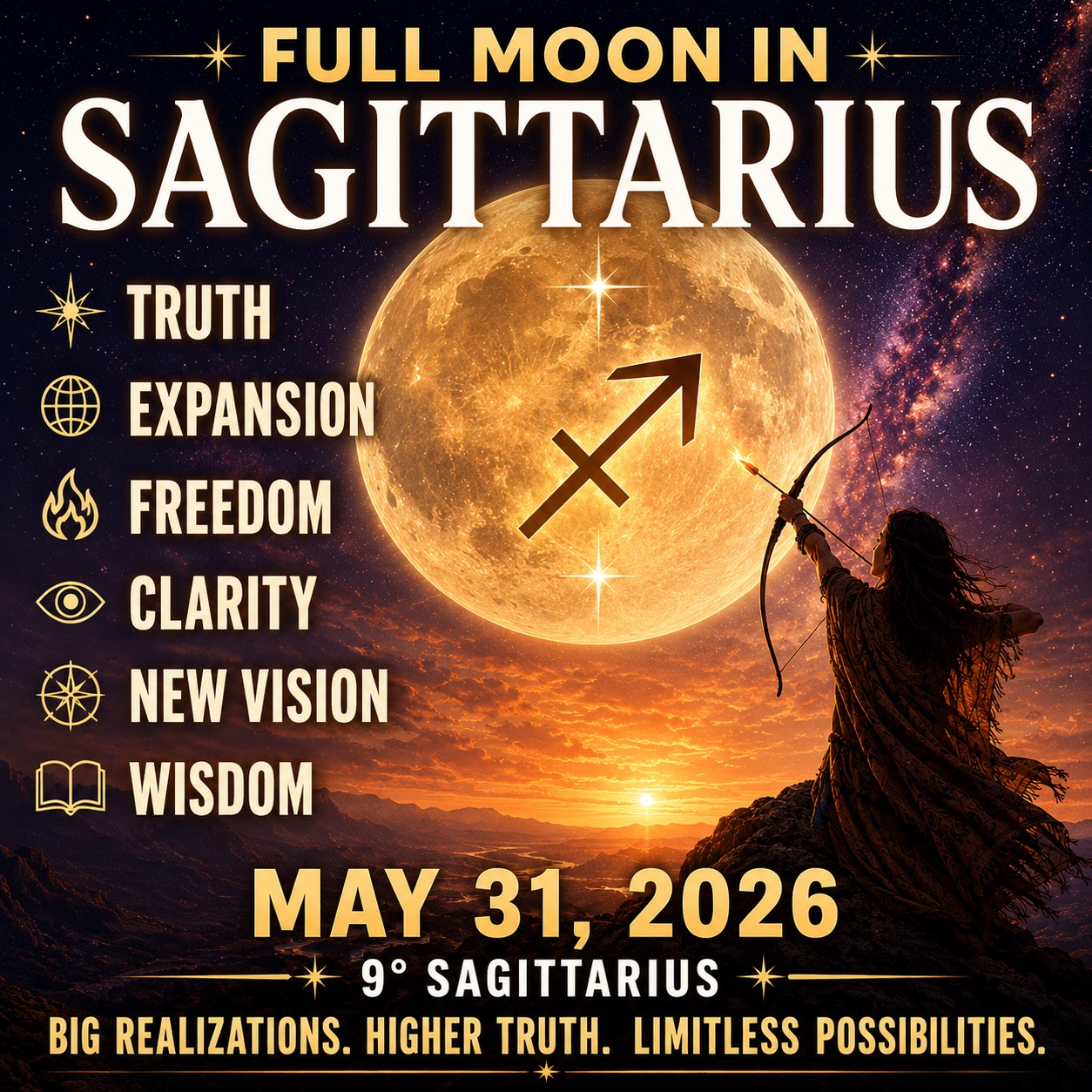 FULL MOON IN SAGITTARIUS
May 31, 2026 • 9° Sagittarius ♐
*For more insights, check out my new YouTube video on this upcoming Full Moon in Sag!
This lunation brings illumination, clarity, truth, and powerful realizations.
Full Moons are moments of culmination, when something hidden becomes visible and we are able to see things more clearly.
And because this Full Moon is happening in Sagittarius, the themes being activated are deeply connected to meaning, wisdom, freedom, growth, vision and expansion.
Sagittarius is the seeker, the philosopher, the traveler!
This energy wants to expand beyond limitations, reconnect us with possibility, and remind us that life is not meant to stay small or stagnant.
This Full Moon may bring important conversations, shifts in perspective, spiritual insight, clarity about your direction, and realizations around beliefs, truth and the future you are trying to create.
Take a look at your birth chart and pay attention to what you have around 9° of the mutable signs (Gemini, Virgo, Sag, Pisces). This is the area of your chart that is being activated by this FM!
The BIG question is: What truth am I finally ready to see?
#fullmoon #sagittarius #FullMoonInSagittarius #astrology #evolutionaryastrology #moonmagic #sagittariusfullmoon #spiritualgrowth #jupiter #astrologypost #astrologyreadings #astrologytoday #astrologyforthesoul #astrology2026 #astrologyanswers