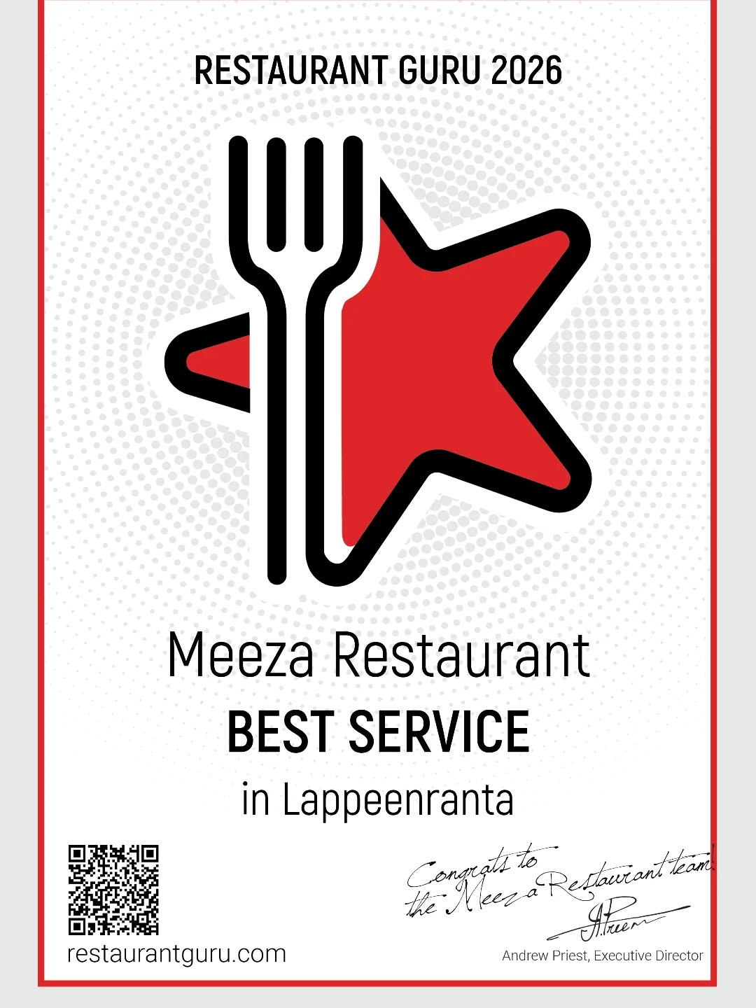 Kolmas vuosi peräkkäin!! ❤️
Meeza Restaurant on saanut jälleen Restaurant Guru 2026 “Best Service in Lappeenranta” -tunnustuksen.
Tämä merkitsee meille paljon, sillä palkinto perustuu asiakkaiden arvioihin ja kokemuksiin eri alustoilla, kuten Google Mapsissa, Tripadvisorissa ja muissa ravintola-arviointipalveluissa.
Kiitos jokaiselle asiakkaalle luottamuksesta, palautteesta ja tuesta.
Ja ennen kaikkea suuri kiitos meidän upealle tiimille — jokainen annos, kohtaaminen ja hymy syntyy yhdessä tekemällä.
Pienestä ravintolasta Etelä-Karjalassa on tullut paikka, jossa Levantin maut, käsityö ja lämmin tunnelma kohtaavat. ❤️
Meeza – Levantine Cuisine.
Meeza – Aitoa makua, käsintehtyä laatua.
#meeza #meeza_lappeenranta #visit_lappeenranta #Lappeenranta #etelä-karjala