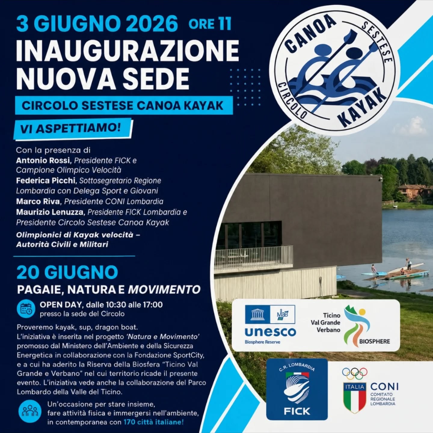 Il Circolo Sestese Canoa Kayak è lieto di annunciarvi l'inaugurazione della nuova sede.💙🤍
Siete tutti invitati il giorno 3 giugno per l'inaugurazione, per chi non potrà partecipare vi aspettiamo il 20 giugno all'open day, una giornata per provare il nostro sport e vivere un esperienza unica.
VI ASPETTIAMO!