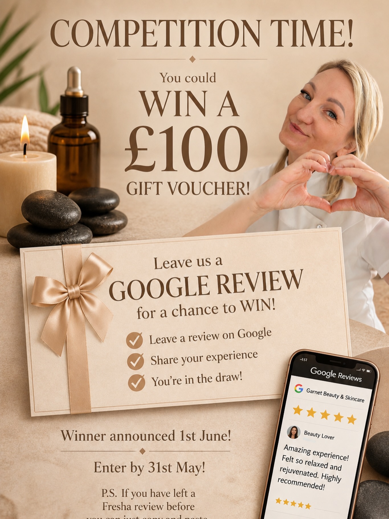 🎉 COMPETITION TIME 🎉
Last few days to enter for a chance to WIN a £100 Gift Voucher at Garnet Beauty & Skincare ✨
Have you visited us and had a great experience?
We would truly appreciate your support 💖
To enter:
⭐ Leave us a Google review
⭐ Share your experience with others
⭐ That’s it — you’re entered into the draw!
Winner will be announced on 1st June on our Instagram page.
You have until 31st May at midnight to enter ⏳
P.S. If you have left a Fresha review before, you can simply copy and paste it onto our Google page 😊
Good luck everyone 🍀✨
https://g.page/r/CWaOFZ2sOnXXEAE/review
#GarnetBeautyAndSkincare #CompetitionTime #WinAGiftVoucher #tatjanasenkova #holistichealingjourney