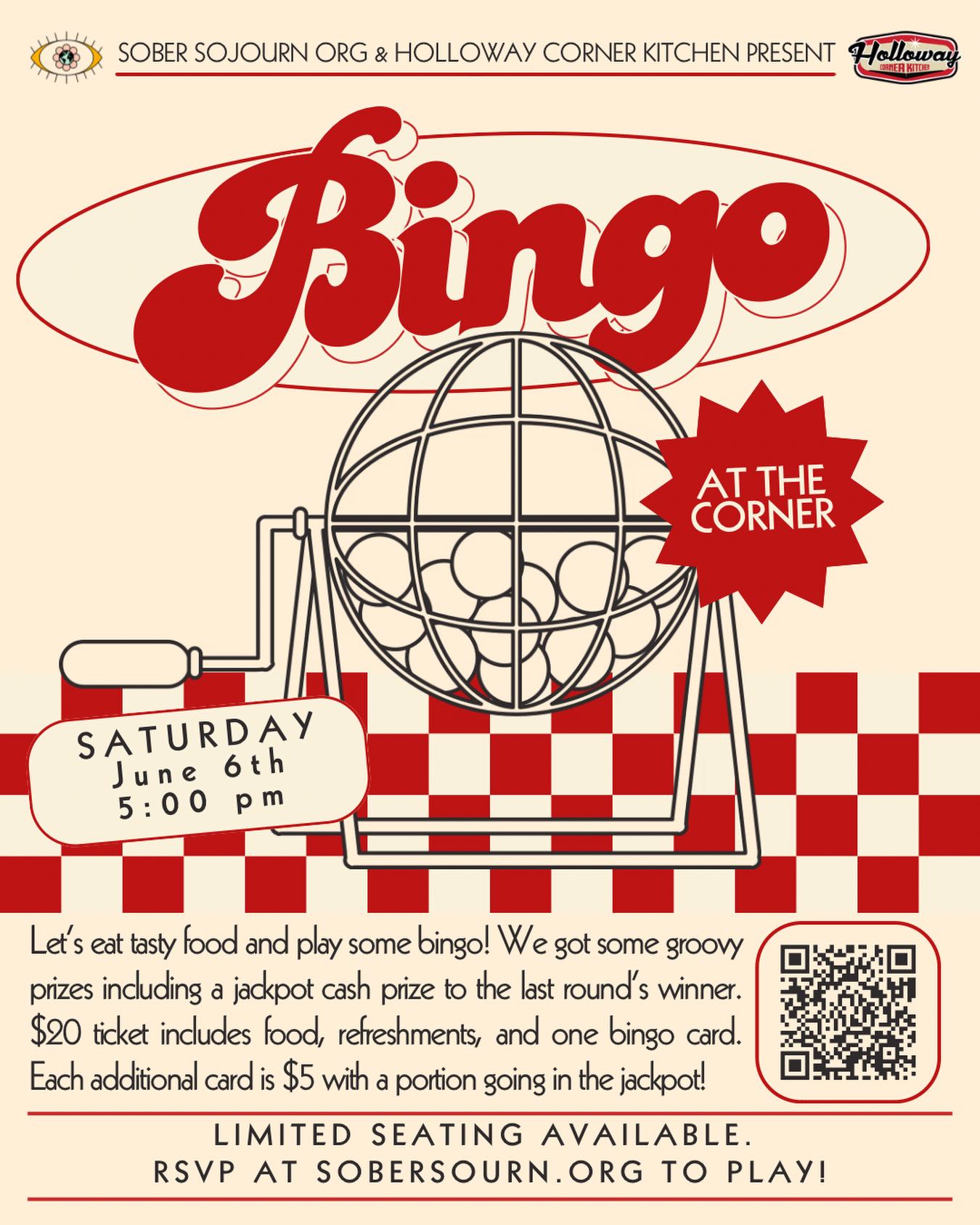 BINGO at the Corner! @hollowaycornerkitchen Saturday June 6th at 5pm ♥️
Ticket includes food, refreshments, and one bingo card. Each additional card is $5 if you want to hedge your bets 🍀 Portion of card sales goes to the final round’s Jackpot Cash Prize!!
Prizes for the winners include:
💵$20 for the first round
🥀 Art & Jewelry from the heart of Alexis @dropdeadadorableart
💅Manicure or pedicure from @manis.byemily @lumina_nail_spa on downtown Boone Howard Street
🥗 Giftcard to @wildwoodcommunitymarket
🦅 2 zip-lining passes & merch from @hawksnest.adventures
💰JACKPOT cash prize to the final round’s blackout bingo winner (% of card sales goes to jackpot. Minimum $100 prize)
🧿Limited seating is available. Please RSVP at sobersojourn.org/event-details/bingo-at-hck to play!
♥️Thank you to my father for his fervent support of Sojourn and our mission. He donated the $200 for us to get our license from ALE before he passed and his spirit is giving me the strength to get back in the game of life.
“Imagine. Create. Evolve.”
🎸🍀🌹🌞☯️💗🚀✨
Sober Sojourn org is a 501c3. We are not affiliated with any religion or recovery groups. Our events are a safe space for LGBTQ+, non-binary folks, women, and our allies. 🌈