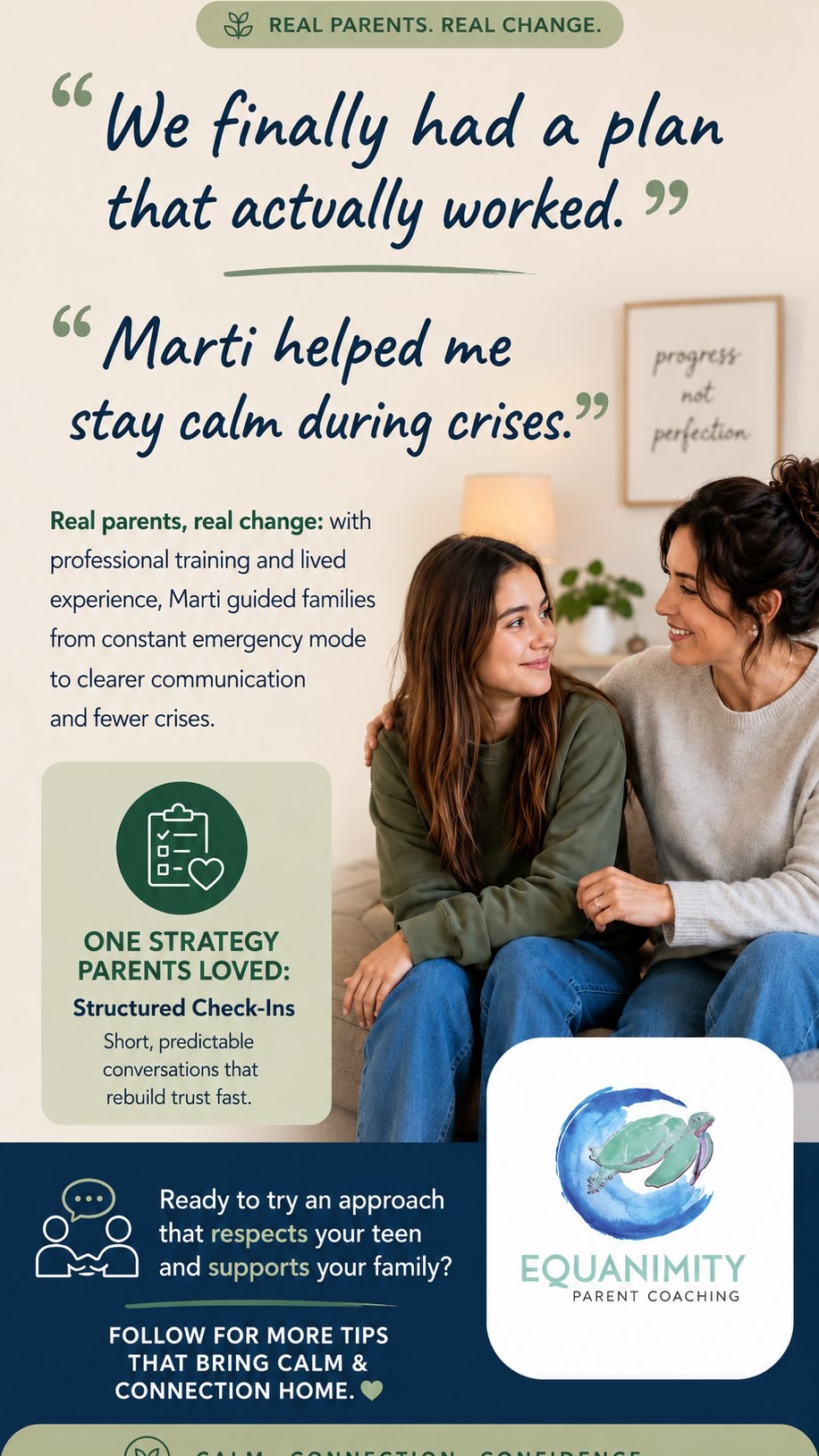 “We finally felt less alone.”
“Marti helped us respond differently instead of reacting.”
“For the first time in a long time, there was calm in our home.”
Real parents. Real change.
Through evidence-based parent coaching grounded in nervous system regulation, attachment science, and lived experience, Marti helps parents move from constant crisis management to steadier leadership, clearer communication, and more connected relationships.
One tool parents consistently find helpful: structured check-ins, short, predictable conversations that reduce conflict and rebuild trust over time.
If you’re exhausted from walking on eggshells, overreacting, or feeling stuck in survival mode, support is available.
Visit equanimityparentcoaching.com to learn more or book a consultation.
#EquanimityParentCoaching #ParentSupport #FamilyRecovery #ParentCoaching #NervousSystemRegulation