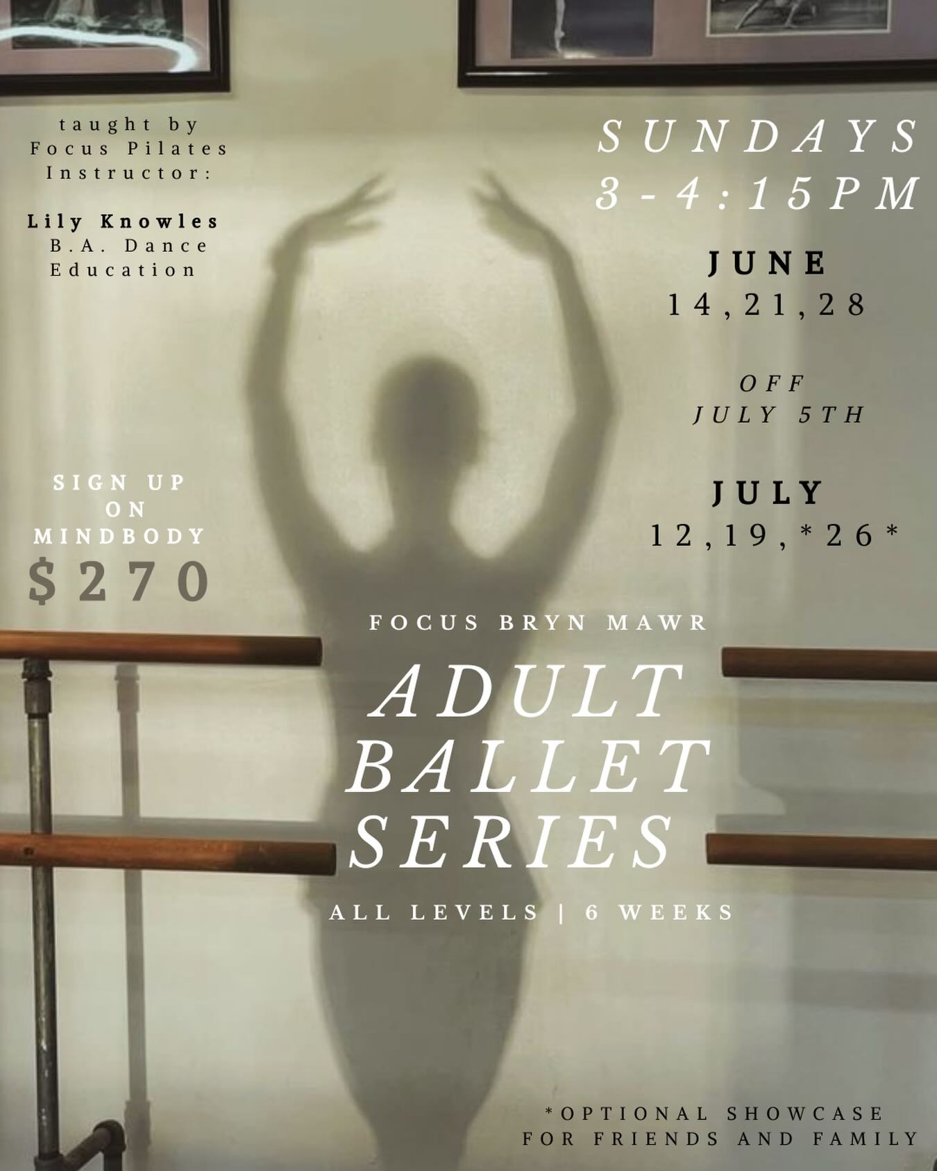 2.5 weeks until this lovely series begins !! Sign up on MindBody now to learn with @lilycknowles this summer !!! #focusbrynmawr #balletseries #summerdanxe