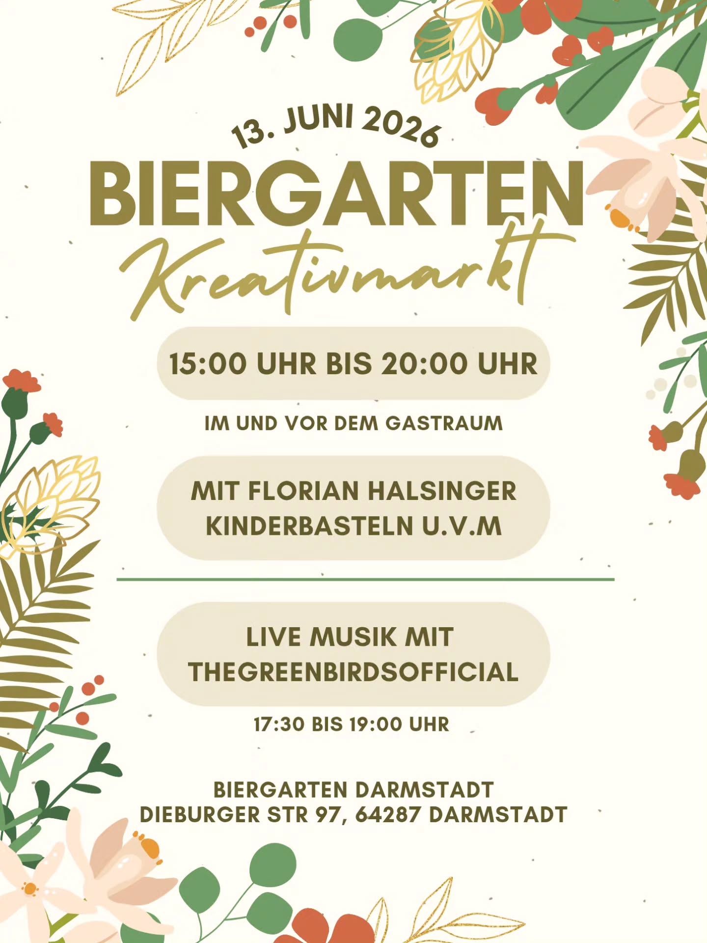 ✨ Es ist wieder so weit – unser Kreativmarkt steht vor der Tür! ✨
Am 13.06. von 15–20 Uhr erwarten euch tolle handgemachte Produkte, kreative Aussteller und viele schöne Ideen zum Stöbern & Shoppen. 🛍️🎨
🌟 Kleines Highlight: Kinderbasteln mit Florian Haslinger und vieles mehr!
🎶 Live-Musik von 17:30 bis 19:00 Uhr mit TheGreenBirdsOfficial 🎸✨
📍 Wo: Dieburger Str. 97, Darmstadt
🕒 Wann: 13.06. | 15–20 Uhr
Kommt vorbei – wir freuen uns auf euch! 💛
#biergarten #biergartendarmstadt #kreativ #livemusik #darmstadt kreativmarkt