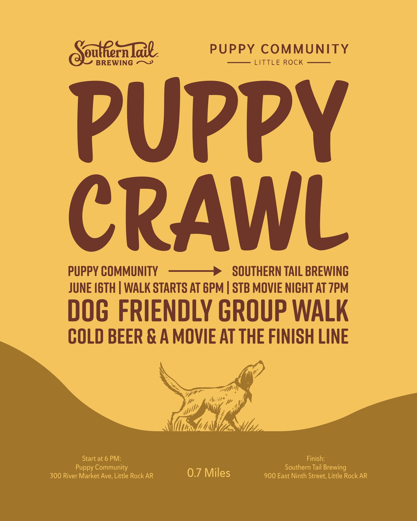 Grab your leash and your walking shoes. 🐾🍻
Join us and The Puppy Community on June 16th for a Puppy Crawl to Southern Tail Brewing. The group walk kicks off at 6 PM from Puppy Community, then heads to Southern Tail where cold beer and a dog-themed Movie Night will be waiting at the finish line. 🎬🐶
Movie starts at 7 PM, so stick around, hang out on the patio, and enjoy a night out with your favorite four-legged friend. ☀️🐕
#DogFriendly #PuppyCrawl #LittleRockEvents #MovieNight #PatioSeason