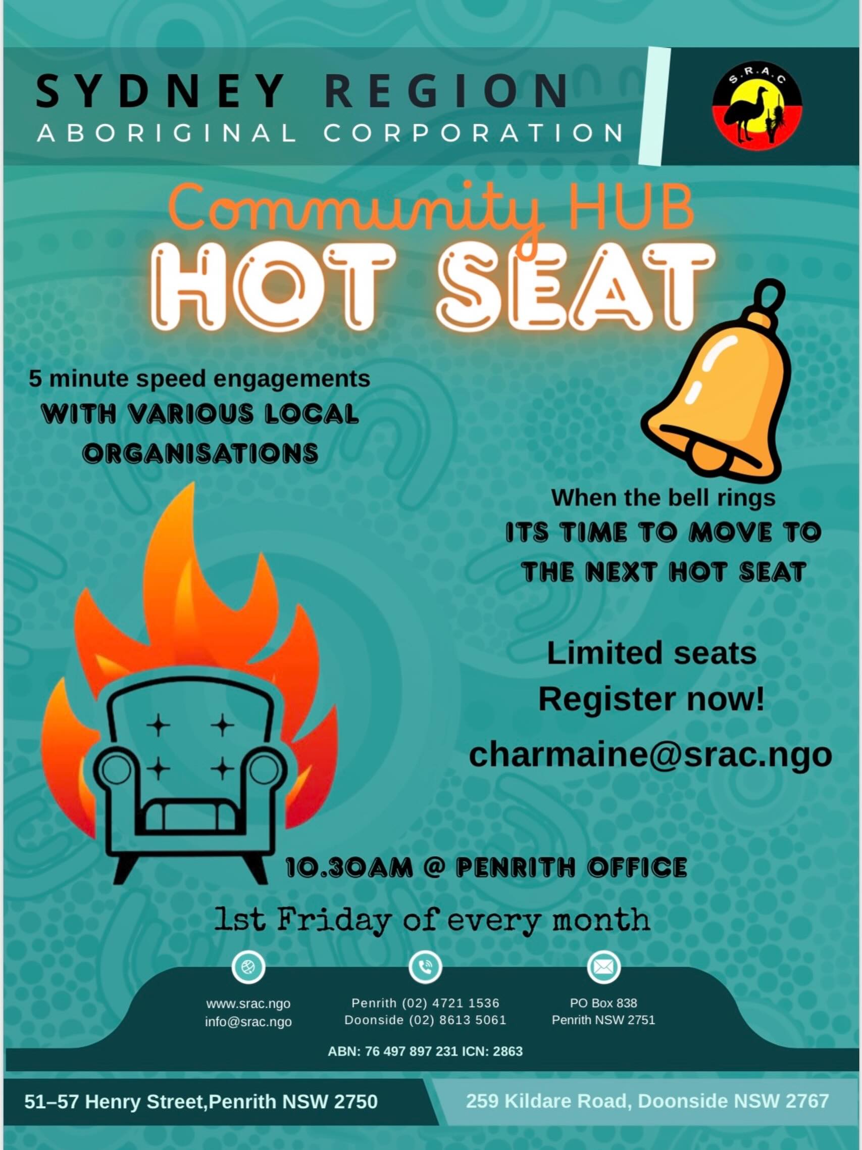 📣 Join Our Community HUB Hot Seat! 📣
Looking to connect with local services and organisations in a fun, fast, and engaging way?
🔥 Community HUB – Hot Seat Sessions 🔥
Meet with a range of local organisations through 5-minute speed engagements designed to help you access information, support, and community connections.
🔔 When the bell rings, simply move to the next Hot Seat and meet another service provider.
📅 When: 1st Friday of every month
🕥 Time: 10:30 AM
📍 Location: Sydney Region Aboriginal Corporation – Penrith Office
🎟️ Limited seats available
Register today by contacting:
📧 charmaine@srac.ngo
Don’t miss this opportunity to build connections, discover services, and strengthen your community network. We look forward to seeing you there! 🤝🖤💛❤️
#CommunityHub #HotSeat #SRAC #AboriginalCommunity #CommunityConnections Penrith WesternSydney SupportServices StrongerTogether