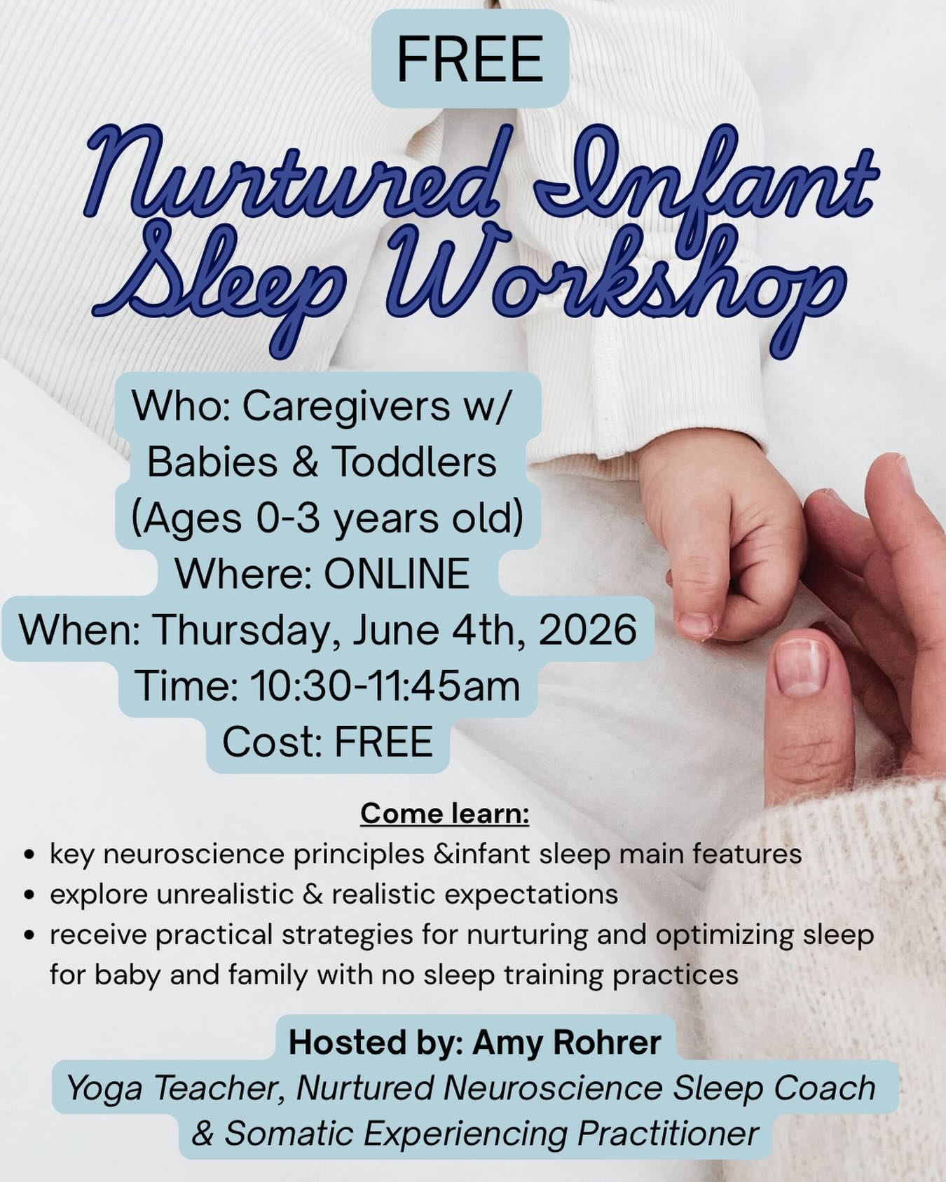 Dear Moms & Dads, this one’s for you!
👶🏻Do you have a little one between the ages of 0-3 yrs?
🤰 Or perhaps a little one on the way?
😴 Feeling overwhelmed by all the sleep advice out there?
🙋🏻♀️Wanting to understand your options to taking a holistic lens in supporting your little one’s sleep?
I remember those days- and to be honest for a while we were in the thick of it, not wanting to sleep train, but desperately needing more rest. And I’m happy to report- that with the right support and knowledge around biological infant sleep- things did get better!! Without any sleep training 💙
And this is why I’m SO passionate about supporting parents during these first 3 years of your little one’s sleep journey. So You’re not alone — and you don’t have to figure it out by yourself! 💛 coming up in June - I’m partnering with the @thewombwoodstock to offer a free 1 hour workshop to explore all things Infant Sleep + the power of Nurture 🌸
Join me, Amy Rohrer (Nurtured Neuroscience Practitioner, Yoga Teacher + Gentle Sleep Guide) for an empowering & research-informed hour dedicated to helping you understand and support your baby’s sleep — without sleep training, shame, or unrealistic expectations.
🧠 Nurtured Infant & Toddler Sleep Workshop
📅 Thursday June 4th, 2026
🕚 10:30-11:45 am EST
💻 On Zoom
👶 For caregivers with babies to toddlers (0–3 years)
💸 FREE
In just 1 hour, you’ll:
🌙 Learn the neuroscience behind infant sleep to empower you to support your little one’s sleep from an informed place
🛌 Explore how infant sleep architecture is unique to adult sleep
🤱 Receive practical, nurturing strategies that support both your baby and your nervous system! That’s right, there’s some grounding practices for you in there too 😉
Let’s reframe sleep with science, compassion, and community. You deserve rest too mama!! And you deserve to feel empowered around your families sleep💫
📩 DM me “SLEEP” or head to the link in bio to register!
#nurturedsleep #infantsleep #babysleephelp #attachmentparenting #gentlesleepcoach