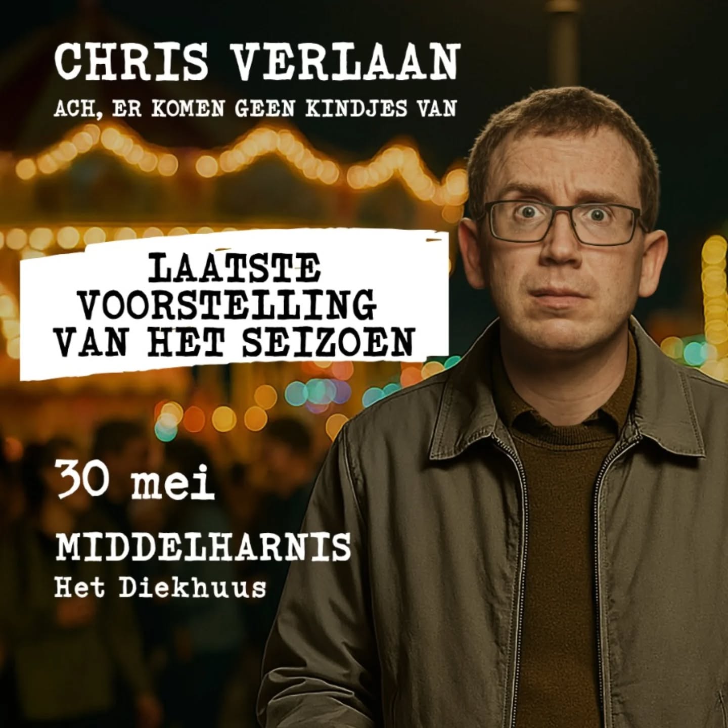 Morgenavond speelt @chrisverlaan_cabaret zijn laatste voorstelling van dit seizoen in @hetdiekhuus in Middelharnis. Tickets verkrijgbaar via www.tdiekhuus.nl
Goed nieuws! Chris gaat volgend theaterseizoen in reprise met 'Ach, er komen geen kindjes van'. Zijn speellijst staat nu online op www.chrisverlaan.nl