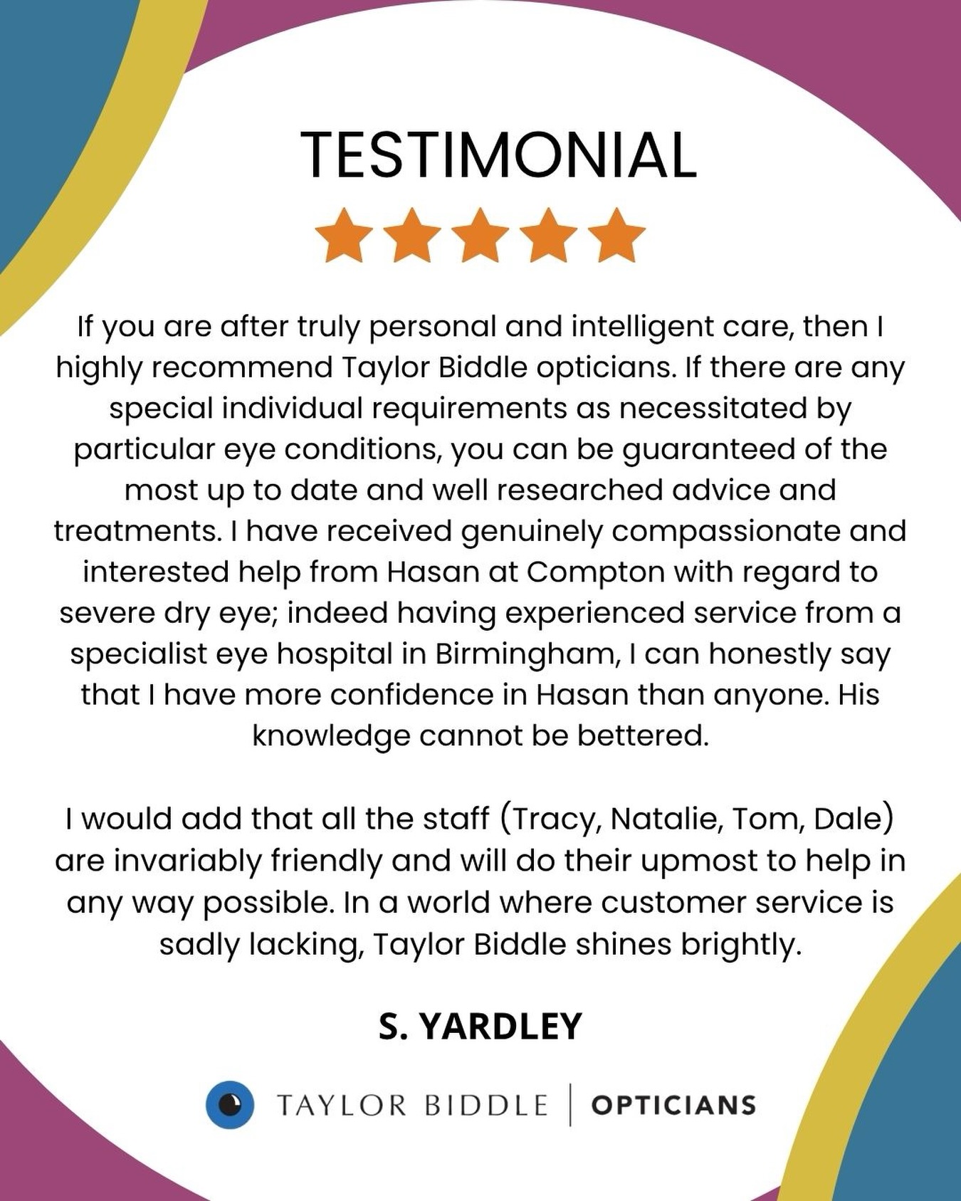 🌟 Testimonial 🌟
An amazing 5* review 🫶 We have over 500+ 5* reviews between both branches which you can check out using the link in our bio 🤩🤩
#opticians #eyewear #sunglasses #glasses
#optical
