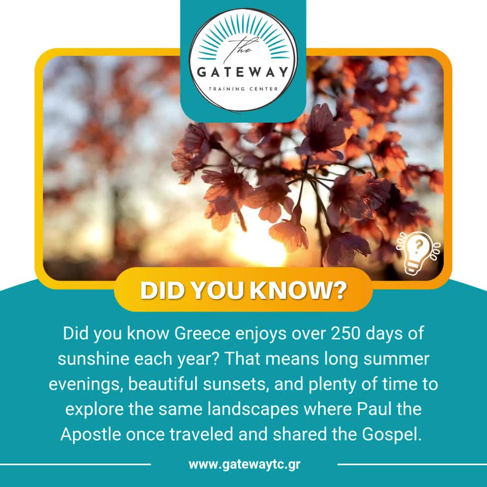 🔆Did you know Greece enjoys over 250 days of sunshine each year? That means long summer evenings, beautiful sunsets, and plenty of time to explore the same landscapes where Paul the Apostle once traveled and shared the Gospel.
From ancient cities to seaside communities, summer in Greece is full of life, culture, and unforgettable experiences.
What better place to grow in faith, community, and cross-cultural ministry this summer?
📍Join Gateway Training Center’s SIP Program and experience Greece with purpose.
🔗 www.gatewaytc.gr
#SummerInGreece #BiblicalGreece #GatewayTrainingCenter #TakeASIPInGreece #SIP2026 #GreekSummer #CrossCulturalMinistry