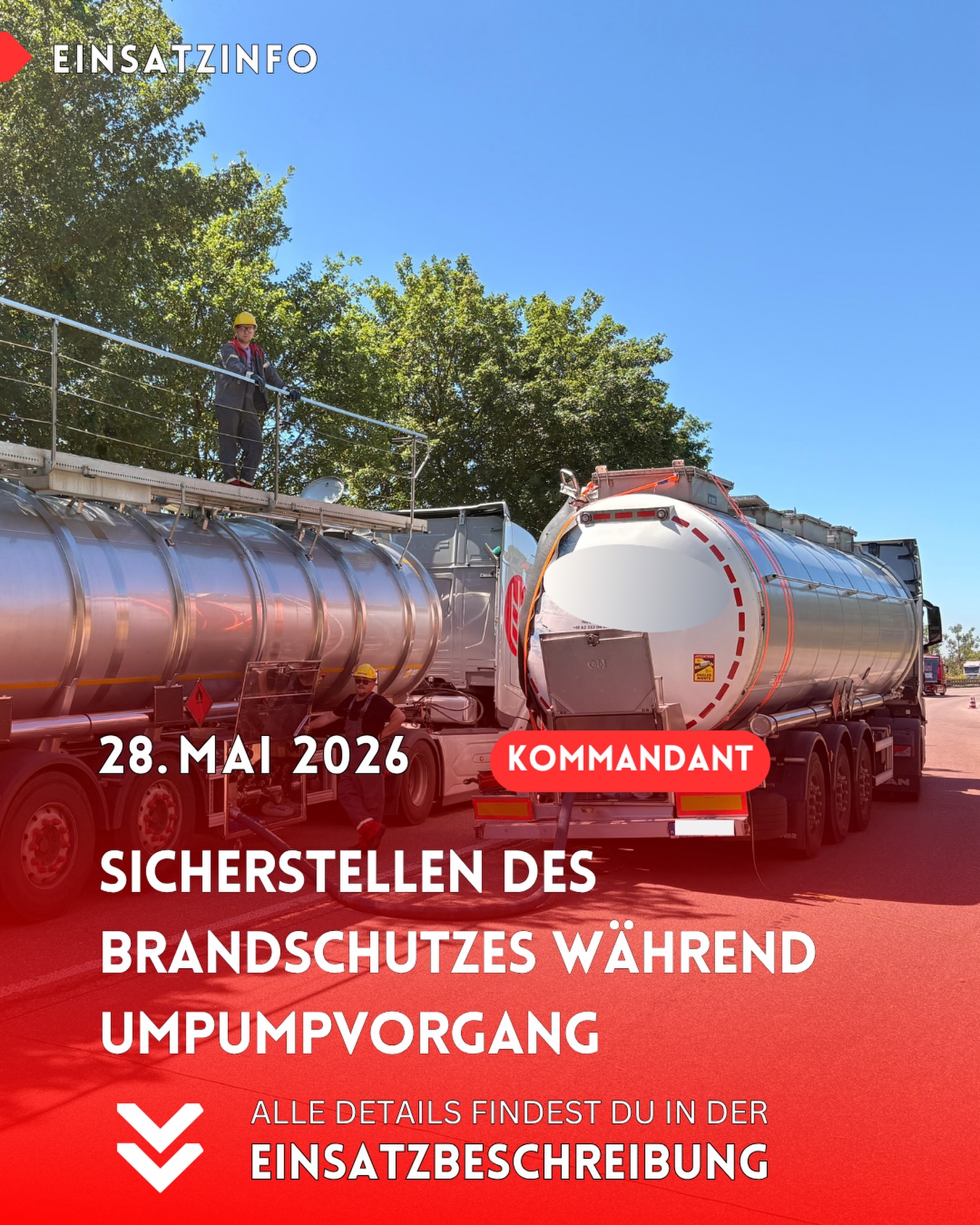 Amtshilfe 🚨 28.05.2026
An dem bereits am Vortag begutachteten LKW kam es heute gegen 11 Uhr erneut zu einem Einsatz der Feuerwehr Satteldorf. Während des heutigen Umpumpens des Tankzugs wurde auf Anforderung der Polizei der Brandschutz sichergestellt.
Sechs Einsatzkräfte waren mit einem Fahrzeug für rund 2 Stunden vor Ort 🧑🚒🚒
Lasst gerne ein ❤️ als Dankeschön für unsere ehrenamtlichen Einsatzkräfte da.
#news #feuerwehreinsatz #satteldorf #feuerwehrsatteldorf #SicherheitsgeberFürSatteldorf