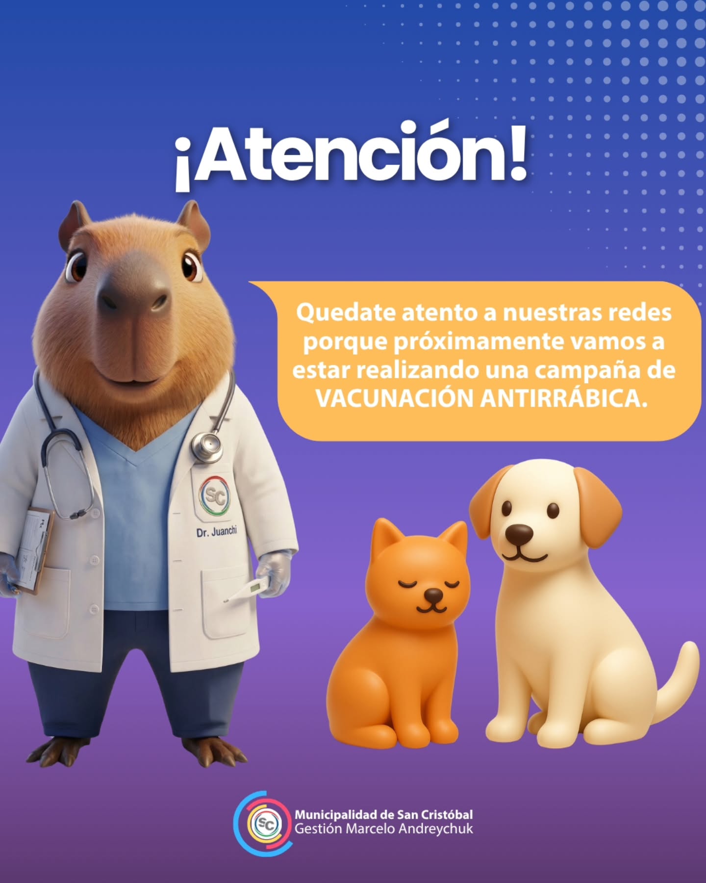 🚨 ¡ATENCIÓN VECINOS! 🐶🐱
Muy pronto llega una nueva campaña gratuita de vacunación antirrábica.
✅ Para perros y gatos desde los 3 meses de edad
✅ Revacunación anual
En los próximos días compartiremos el cronograma con lugares, fechas y horarios.
¡Seguinos y mantenete informado!