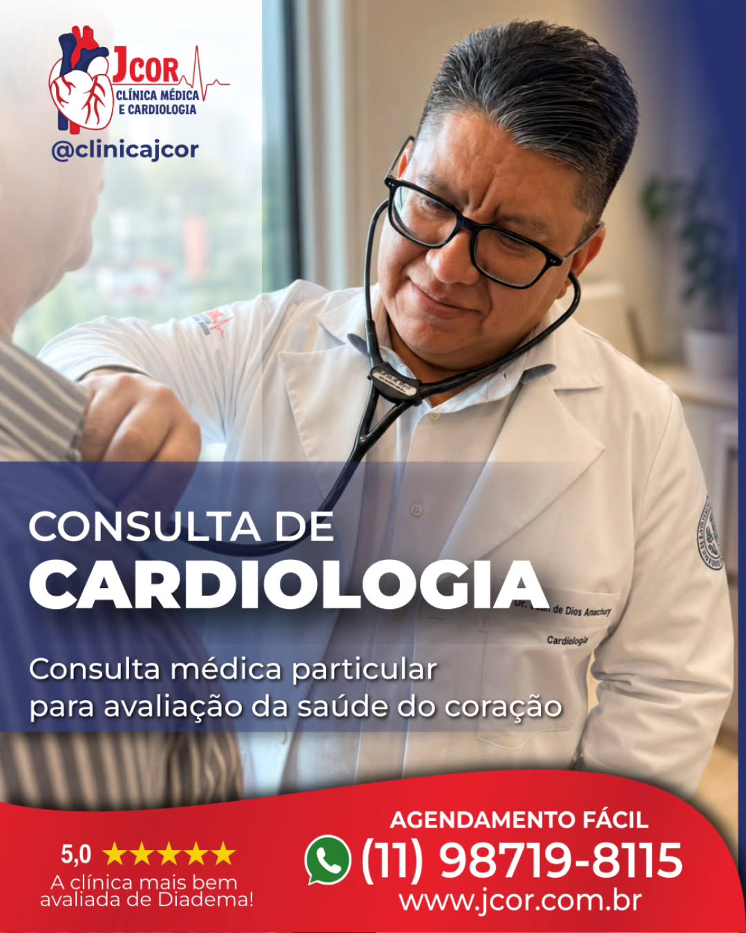 Na JCor Clínica Médica, você tem acesso a consulta cardiológica particular de qualidade, com médico experiente, em ambiente clínico moderno, com atenção personalizada e humanizada.
Nosso atendimento de cardiologia é voltado para a prevenção, diagnóstico e acompanhamento de doenças do coração e da circulação.
Atendemos casos de pressão alta, dores no peito, palpitações, falta de ar, cansaço excessivo, tonturas, colesterol elevado, alterações cardíacas em exames, arritmias, acompanhamento cardiovascular, avaliação de risco cardíaco, check-up cardiológico e outras condições relacionadas à saúde do coração.
Agende hoje mesmo a sua consulta!
É fácil e rápido!(links na bio)
→ WhatsApp: (11) 98719-8115
→ Site: www.jcor.com.br
JCor Clínica Médica
Especializada em Cardiologia
Referência em cuidados cardíacos
Rua Orense,41 - Sala 1202, no centro de Diadema-SP.
Dr. Juan de Dios Amachuy Alaca
Cardiologia – CRM 149725
#ClínicoGeral #ClinicaEmDiadema #CheckupClínico #Pressão #Diadema