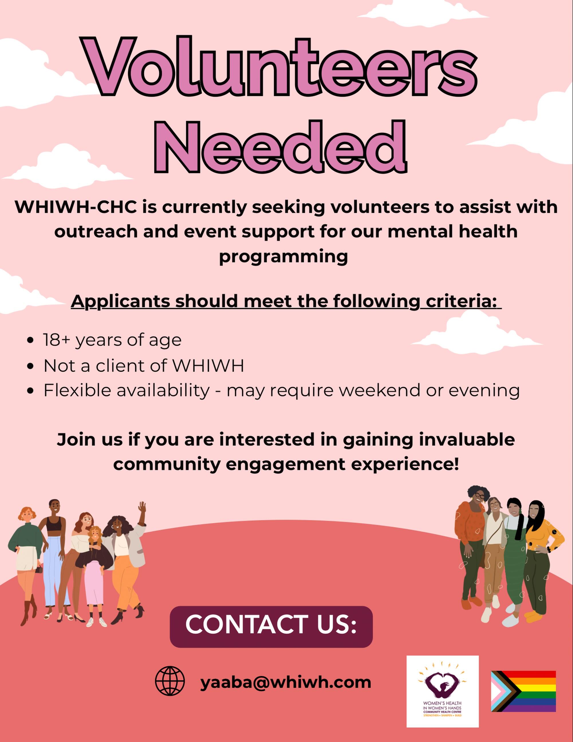 Join us! ✨
We are seeking passionate, collaborative volunteers to support our mental health programming. If you are interested please contact yaaba@whiwh.com for more information.