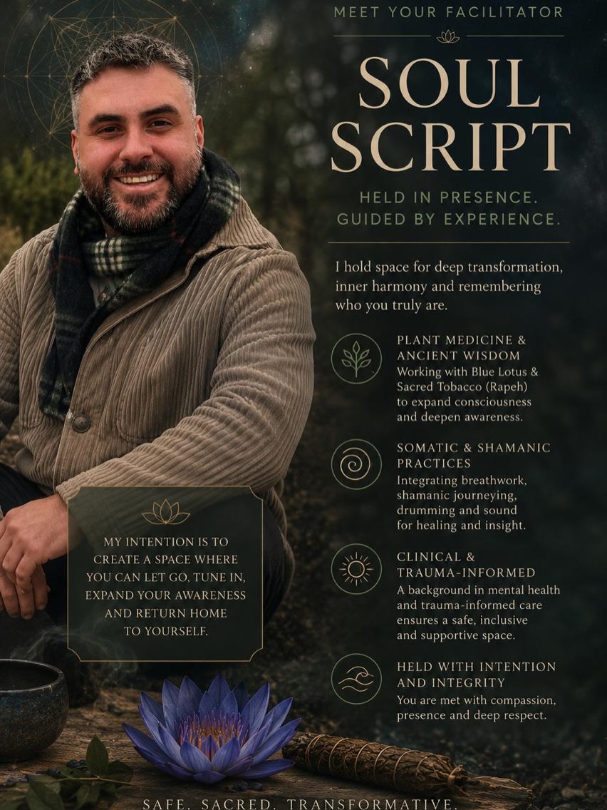✨ Meet the Facilitator✨
For our transformative weekend of FROM PAIN TO POWER & AWAKENING THE SOUL REALMS I am delighted to welcome Paul | Soul Script to our Two-Day Healing Journey in Derry✨
With a background in clinical mental health, trauma-informed care, and somatic & shamanic practices, Paul holds deeply grounded, compassionate space. He weaves together ancient plant wisdom (including Blue Lotus & Rapéh), breathwork, shamanic journeying, drumming, and nervous system awareness to support real transformation and reconnection.
Paul’s gentle, intentional approach helps you feel safe enough to let go, tune in, and remember who you truly are.
📅 Our Two-Day Healing Weekend
Saturday 4th July – From Pain to Power (10am–5pm | £80)
With Paul & Louise – Somatic healing, TRE®, breathwork & nervous system regulation.
Sunday 5th July – Sacred Remembrance (12pm–4pm | £50)
With Paul & Louise – Deeper breathwork, shamanic journeying & plant allies.
🎟️ Special Offer: Both Days for £100 (save £30)
This combination creates a powerful journey — building safety in the body on Day 1, then moving into sacred reconnection on Day 2.
Limited spaces. Come as you are.
DM “BOTH”, “SAT”, or “SUN” to secure your place 💛
Safe. Sacred. Transformative.
By
You are welcome here.
#soulscript #healingjourney #somatichealing #breathwork #DerryHealing TraumaInformed