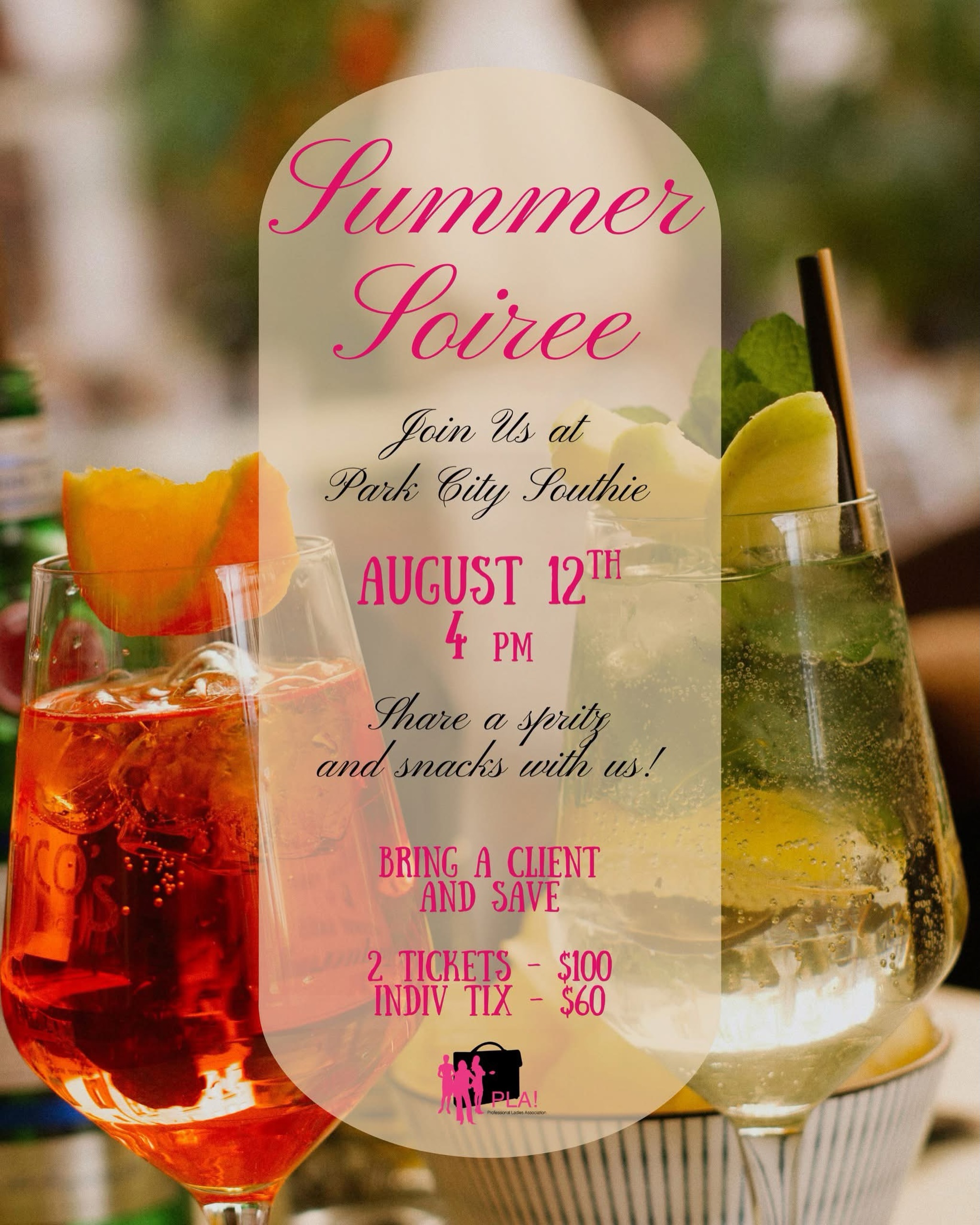 It’s FINALLY feeling like summer out there, so what better time to announce our annual Summer Soiree, coming up on August 12th!
Join PLA! at Park City in South Boston to share a spritz (or two), snacks and networking on a beautiful summer evening.
Bring a client and save! The Summer Soiree is a perfect opportunity to share PLA! with someone new by purchasing our ticket two-pack.
Put on your favorite summer ‘fit and toast to the season with PLA!
Tickets available NOW on our website!
