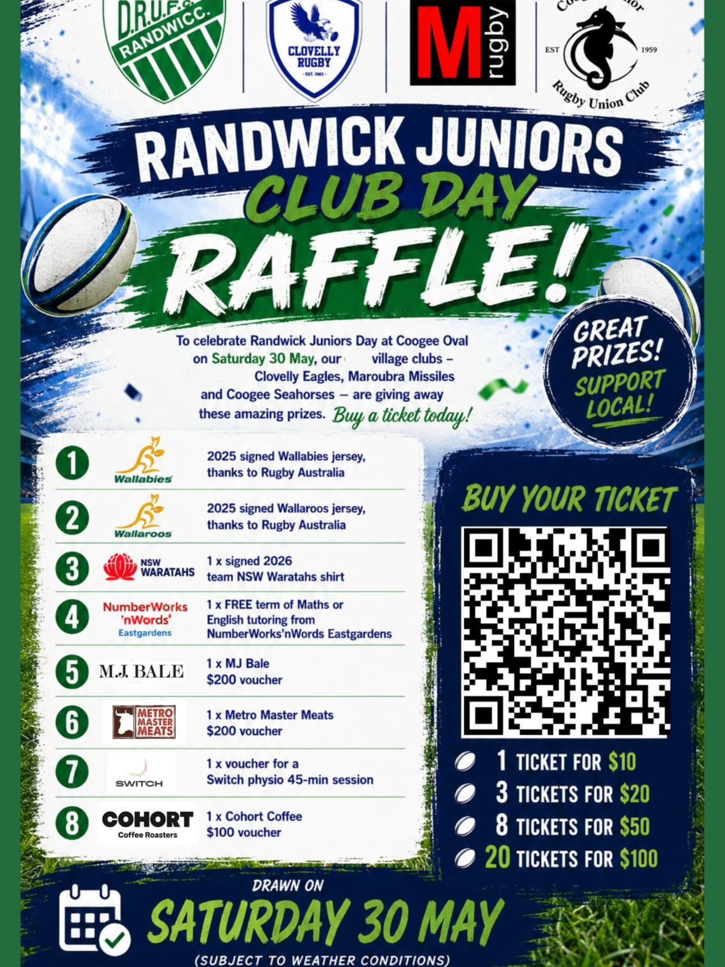 REMINDER: Randwick Junuors Day is tomorrow at Coogee Oval!!! ππ
To celebrate Randwick Juniors Day, all the village clubs are giving away some amazing prizes. β₯οΈπ€π€π
Buy a ticket (or more!!) today for a chance to win π«
Thank you @metromastermeats and @maroubra.switch for donating amazing prizes π
See you all tomorrow for a very fun afternoon of rugby and our minis on the field before the 1st grade game π
#UTW #supportyourcommunity @clovellyeaglesrugby
@coogee.seahorses.jrc @randwickrugbyjuniors #rugbyraffle @galloping_green