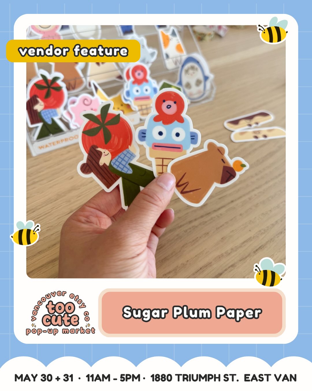 For the cutie collectors and little-treasure hunters โจ
Meet Sugar Plum Paper @sugarplumpaper.ca is coming to TOO CUTE with Stickers, sticker sheets, washi tapes, notepads + magnetic bookmarks โ aka the kind of booth you wander into โjust to lookโ and then suddenly need a treat for yourself.
Sugar Plum Paper is a cozy stationery and journaling supply shop for playful hand-drawn designs. As an artist and stationery enthusiast, their journaling hobby inspires every product that they design, draw, and create in their home studio in Richmond, BC!
๐๏ธ Want the ticket link? Comment TICKETS and weโll send it straight to your DMs.
Tickets are just $3 and good for both days | Kids 12 + under FREE
๐ฐ Buy early = more chances to win market cash + swag!
For every 100 tickets sold, weโll draw for market cash or swag to spend at the market.
๐ 50% of ticket proceeds benefit Backpack Buddies Canada + Quest Non-Profit Grocery Market.
๐ญ Come in costume for a bonus ballot! Keep it family-friendly and youโll be entered to win a prize package.
๐๏ธ Sat May 30 + Sun May 31 | 11amโ5pm
๐ Maritime Labour Centre, 1880 Triumph St, East Van
๐ถ Pet-friendly + fully accessible
๐ Comment TICKETS to grab yours!
#VancouverEtsyCo #TooCuteMarket #VancouverMarket #VancouverMakers #EastVan