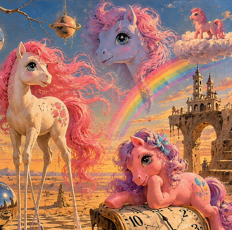 Dreamy, surreal, and straight out of an 80’s daydream… ❤️✨
This Dali-inspired My Little Pony creation mixes nostalgic cartoon magic with melting surrealist fantasy. Soft pastel colors, whimsical dreamscapes, and iconic 80’s vibes collide in a playful reimagining of one of the most beloved childhood classics.
I love blending retro pop culture with timeless art inspiration to create something both nostalgic and unexpected. 🌈🦄
More imaginative retro-inspired creations at CBirdCREATIVE.com 💫
#MyLittlePony #DaliInspired #80sNostalgia #Surrealism #AIArt