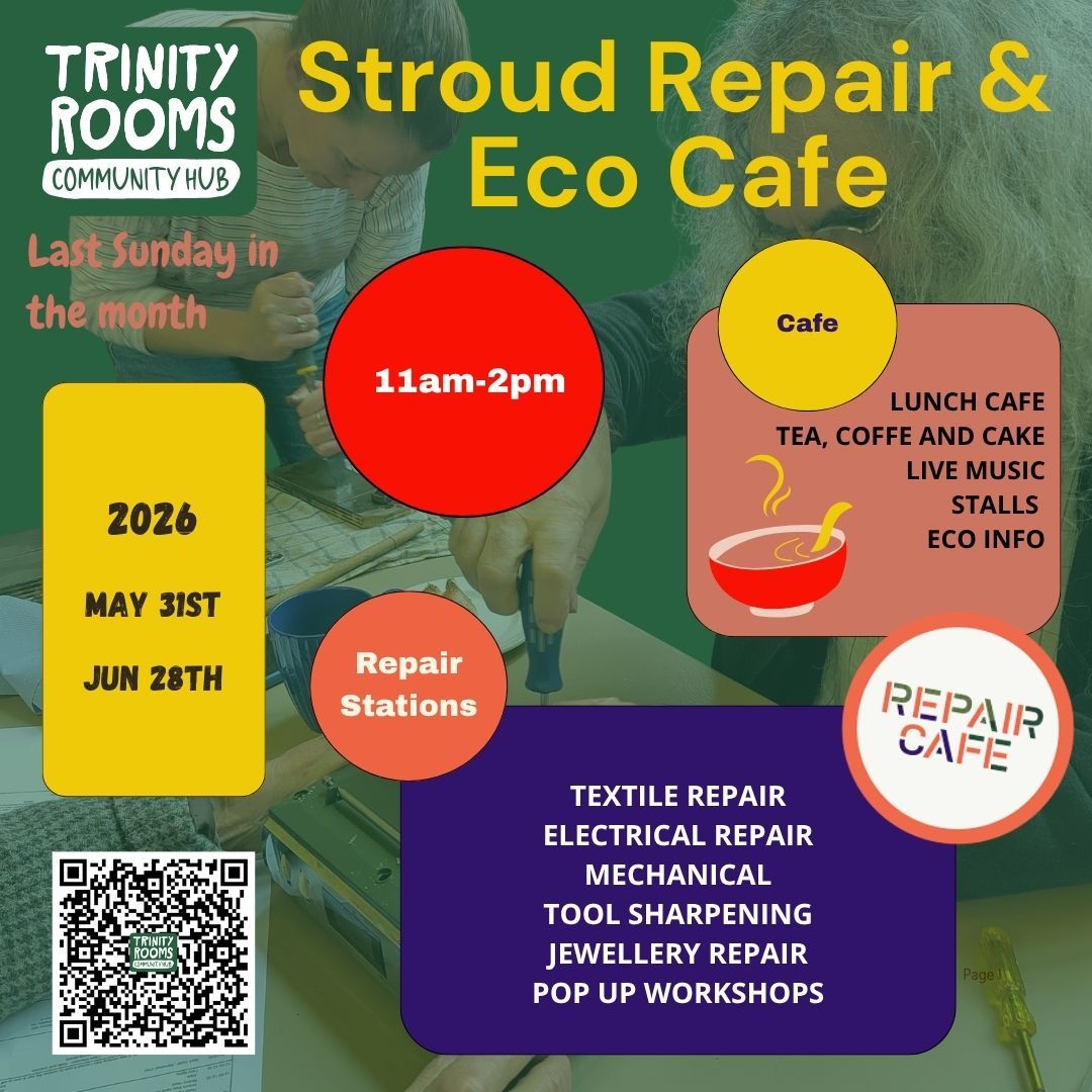 HAVE YOU SAVED THE DATES?
31st May (this week) and then on 28th June!
We have two more Eco Repair Cafe’s at our Trinity Rooms Community Hub in Stroud before we take a summer break!
Promoting sustainability, saving money, reducing waste. Book slots in advance on our website for bringing along any broken items for repair.
Volunteers will be on hand to assist with various fixing of electronics, jewellery, household items, clothing & more.
You can also just come along and enjoy lunch, tea, coffee, cakes, at our pay by donations community café.
See more and book repair slots via the link at: linktr.ee/trinity.rooms
#Stroud #SupportingLocal #Upcycle #Amberley #MakeDoMend #Painswick #Clothing #Chalford #Craft #Wasteless #Nailsworth #Repairing #SustainableLiving #Gloucestershire