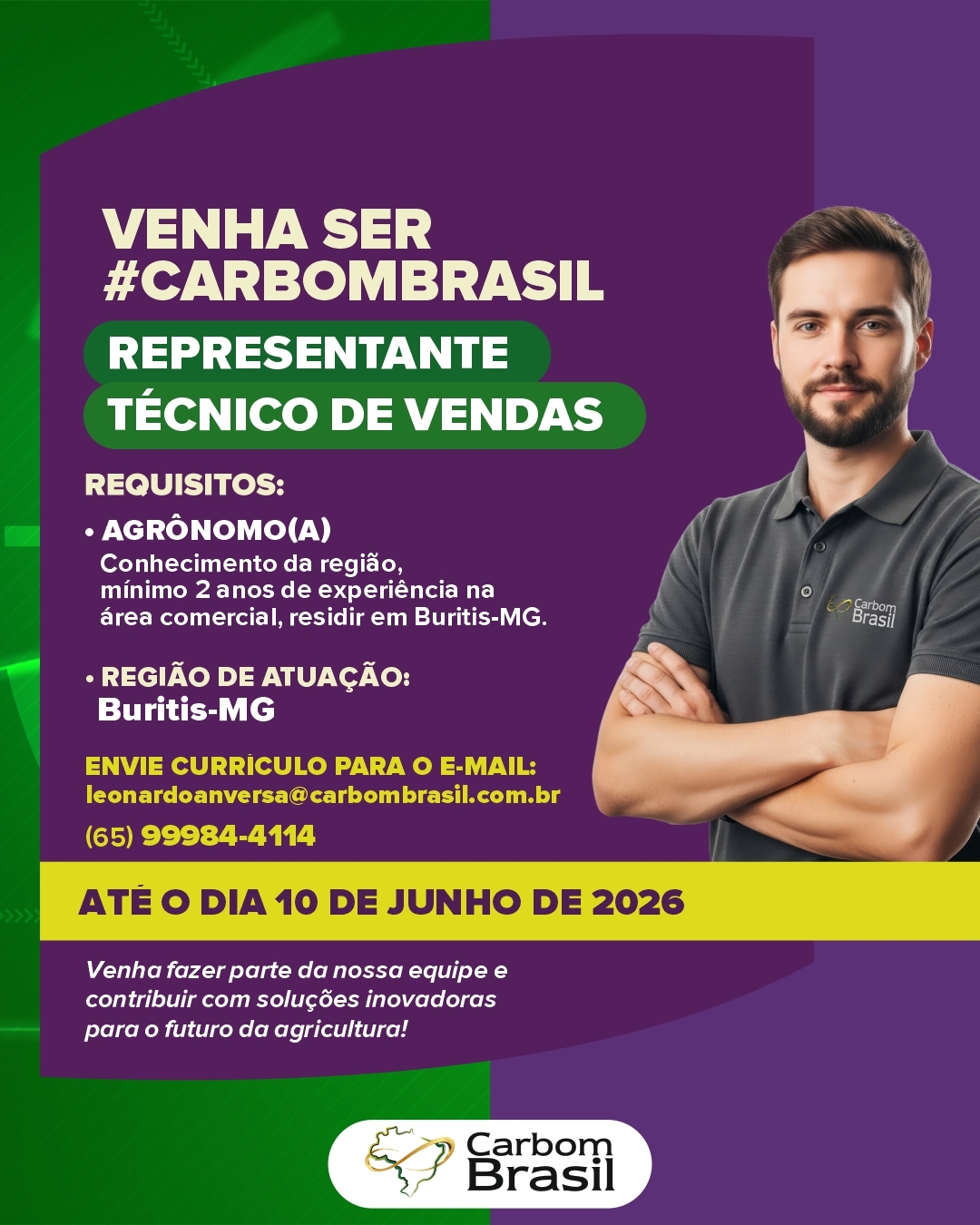 Temos uma oportunidade de trabalho pra você! 😉
Se você busca atuar com inovação, proximidade com o produtor e soluções que fazem diferença no sistema produtivo, esse pode ser o próximo passo da sua trajetória.🌱🚜
Hora de colocar sua experiência em movimento e construir resultados junto com o nosso time Carbom Brasil.🤝
#CarbomBrasil #VagaDeTrabalho #Oportunidade #Bioinsumos #RepresentanteTécnicoDeVendas