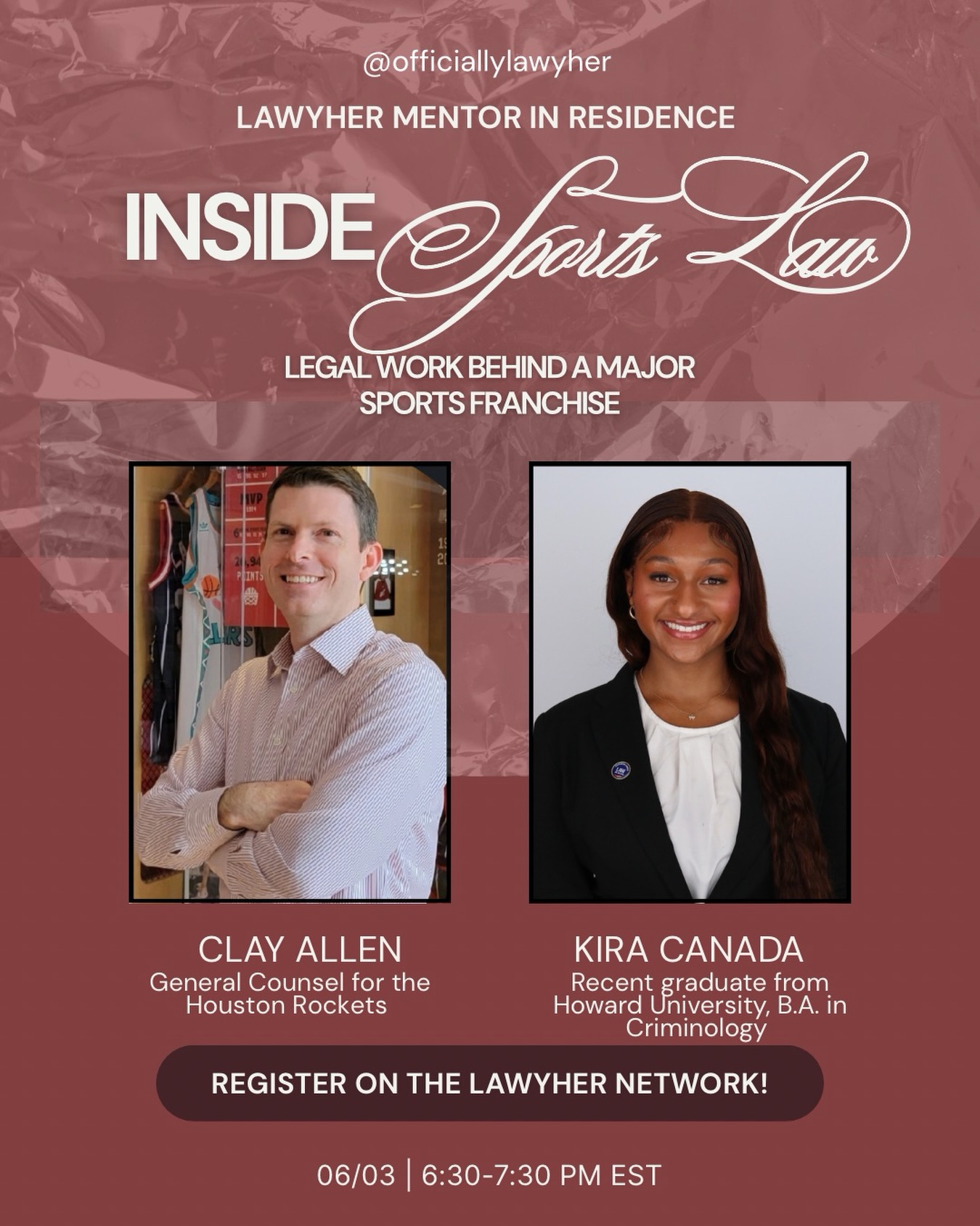 The girls who love sports, law, business, or all three… this one is for you. 🏀⚖️
Ever wondered who negotiates the contracts, handles the disputes, protects the franchise, or keeps a major sports organization running behind the scenes? Join us for an inside look into sports law with the General Counsel of the Houston Rockets and hear directly from a recent grad navigating the path into the industry.
Registration available through the LawyHer network! Join today at the link in our bio🩷
#lawyhernetwork #lawyher #sportslaw #houstonrockets #lawschool