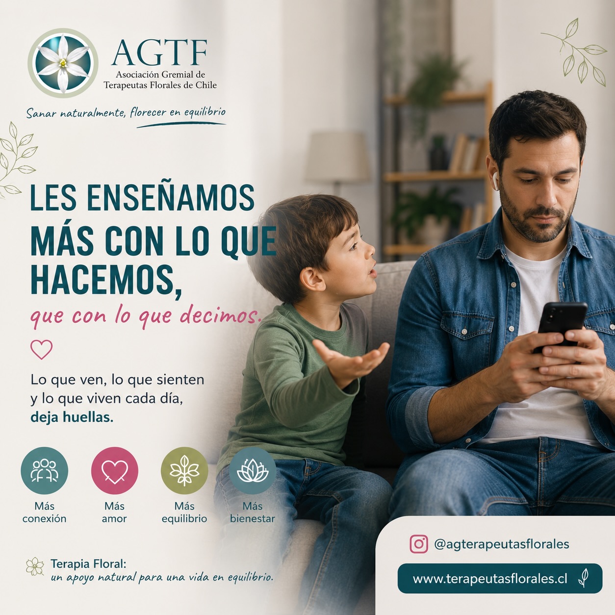 ¿Qué ejemplo quieres ser en tus hijos?
Cada vez que un padre está conectado a un dispositivo y deja de prestar atención a su hijo, está abriendo una grieta que les va distanciando poco a poco.
¿Cuánto tiempo estás dedicando a escuchar a tu hijo, tus hijos y sus necesidades?. Si estás constantemente conectado a tu celular, la tv, el computador ¿qué le estás mostrando, qué le estás enseñando y trasmitiendo?.
Seamos más presencia, más compañía, permitamos que se sientan seguros, acogidos, escuchados, que estamos para ellos. Si les acompañamos amorosamente con todos nuestros sentidos y nuestro ser, en sus días grises y luminosos, estaremos formando seres humanos más confiados, más seguros, más presentes, más sanos y felices. #niñosfelices #niñosfelicesysanos #terapiafloralparaniños