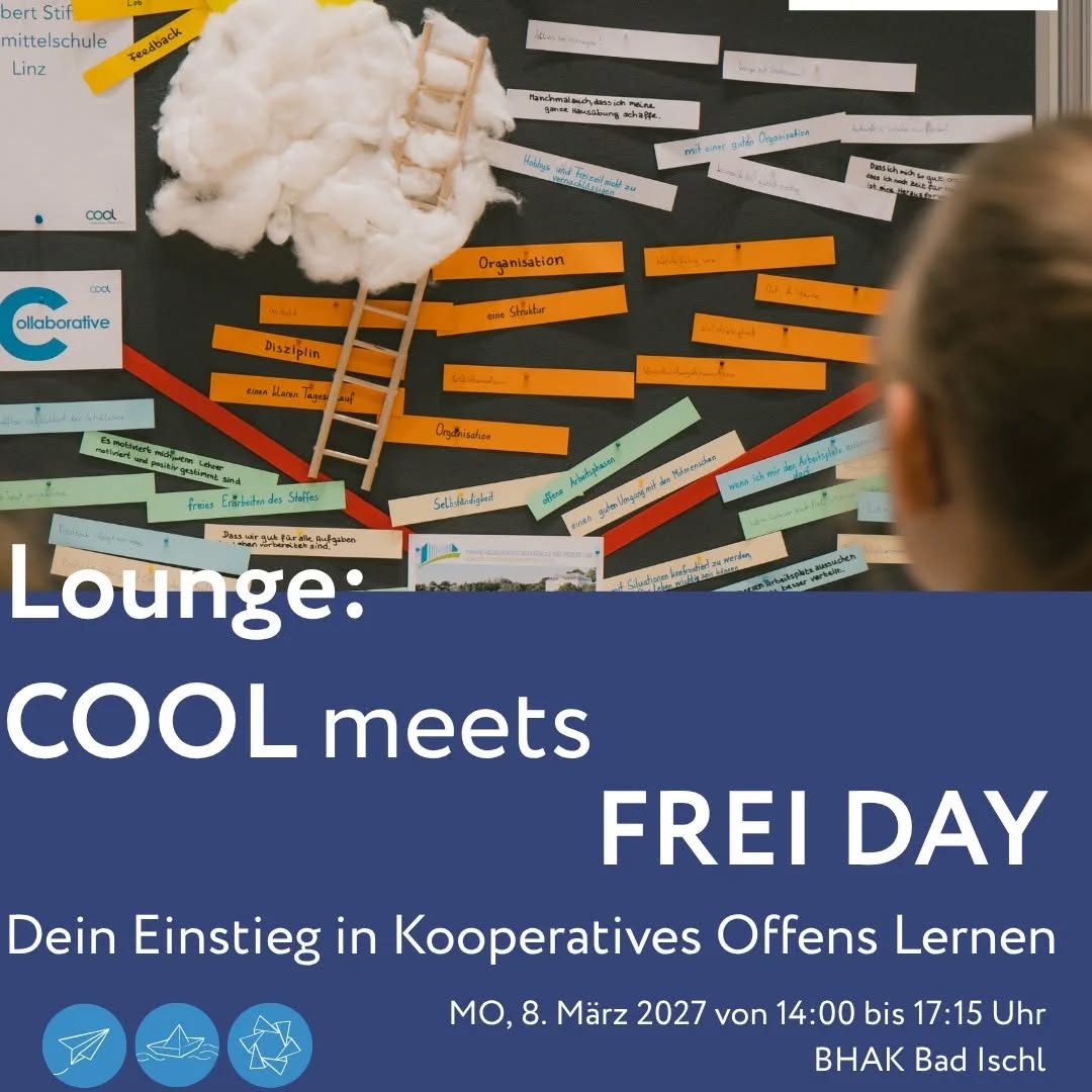 @cool_lernen COOL: Dein Einstieg in Kooperatives Offenes Lernen ✨
COOL meets FREI DAY fördert den fachlichen Austausch und die Weiterentwicklung innovativer Lernformate in den Schulen. Pädagog:innen erhalten die Gelegenheit, inspirierende Praxisbeispiele kennenzulernen, ihre Erfahrungen zu reflektieren und neue Impulse für eine Lernkultur zu gewinnen, die auf Eigenverantwortung, Kooperation und nachhaltige Entwicklung setzt. 🌱🤝
👥 Zielgruppe: Alle Lehrkräfte der SEK 1 und 2
📅 Termin: Mo, 8. März 2027
⏰ Zeit: 14:00 – 17:15 Uhr
📍 Ort: BHAK Bad Ischl
🎤 Vortragende: Claudia Kleinferchner und Sonja Lenz
📝 Anmeldung über die PH OÖ - LV-Nr: 27F7ÜZAP03
#COOL #KooperativesOffenesLernen #FREIDAY #Schulentwicklung #Lernkultur Eigenverantwortung Kooperation NachhaltigeEntwicklung Lehrkräfte Sekundarstufe Praxisbeispiele PHOÖ BHAKBadIschl