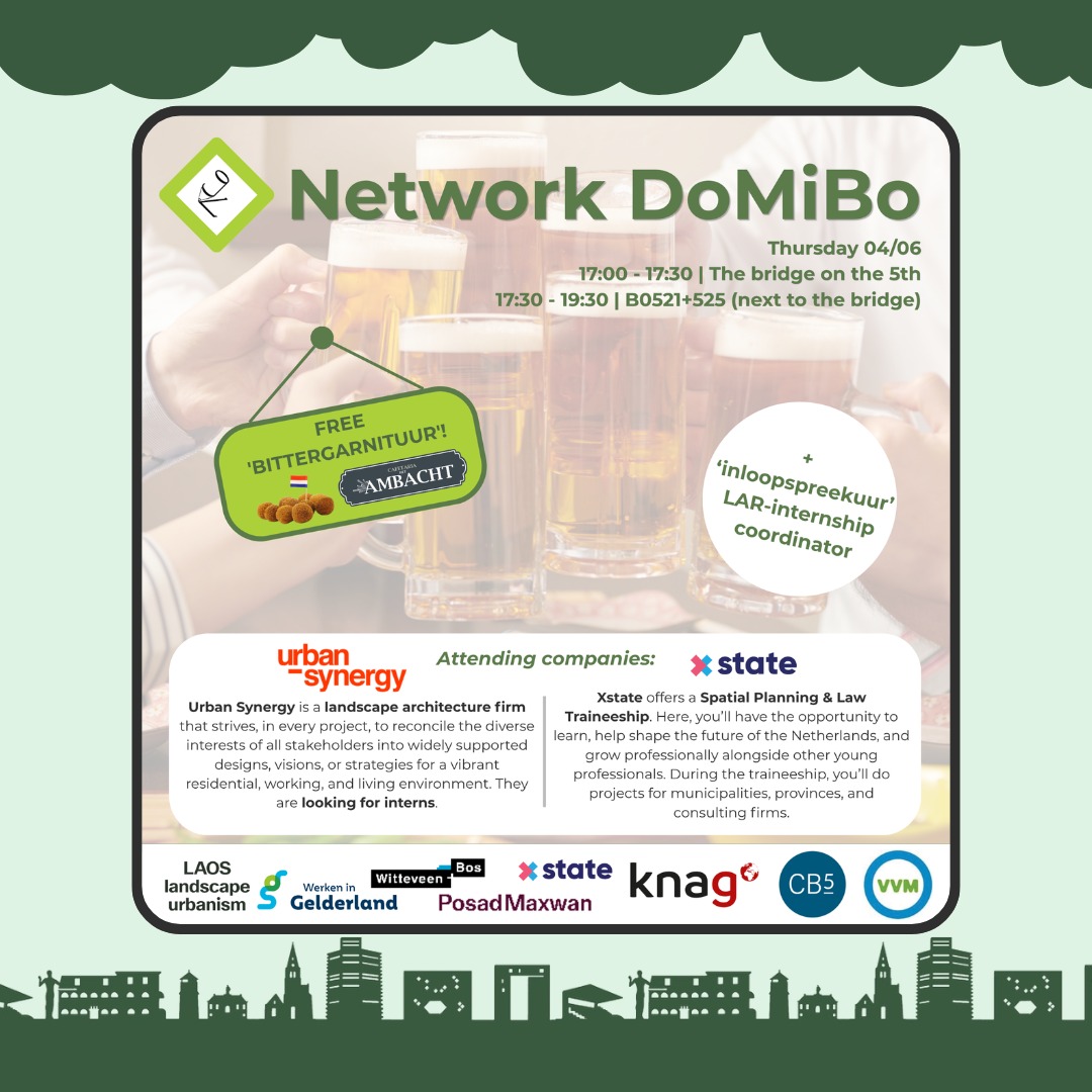 Looking for a internship, job or traineeship? Or you just want to have some drinks and ("frituur-")snacks with friends? 🍻🍟 Then come to the Network DoMiBo on Thursday June 4 starting at 17:00 on the bridge on the 5th floor! At 17:30 the DoMiBo will take place in B0521+525 (next to the bridge).