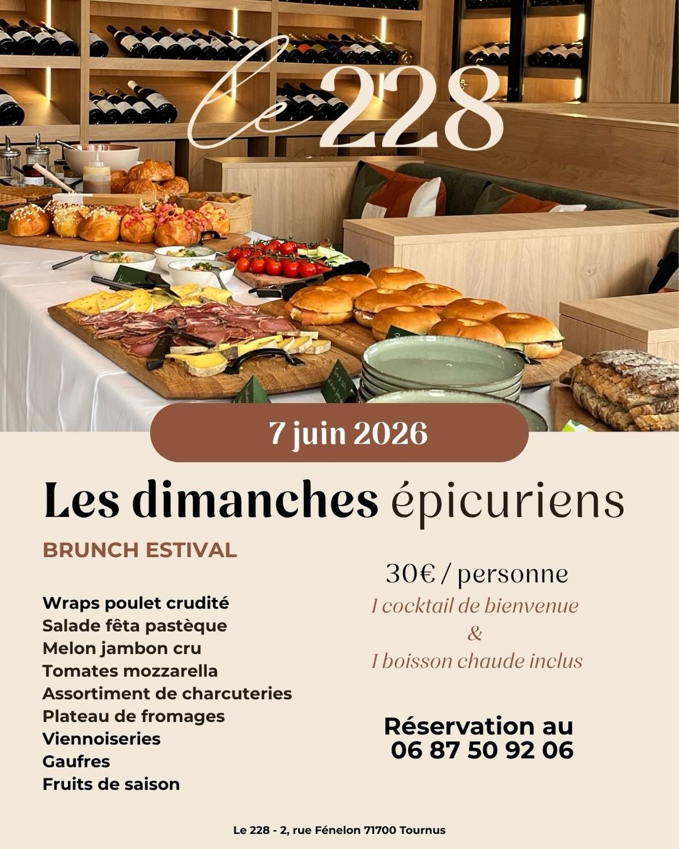 ✨ Les dimanches épicuriens ✨
Rendez-vous le dimanche 7 juin pour un brunch estival au 228. 🍉🌮🧇☀️
Au menu : des recettes de saison, de la fraîcheur, du goût, du fait maison, du bon vin… 🍷
🗓️ Dimanche 7 juin
🕘 À partir de 11h30
📞 Sur réservation (place limitées)
À bientôt ! 🫶🏼🍇