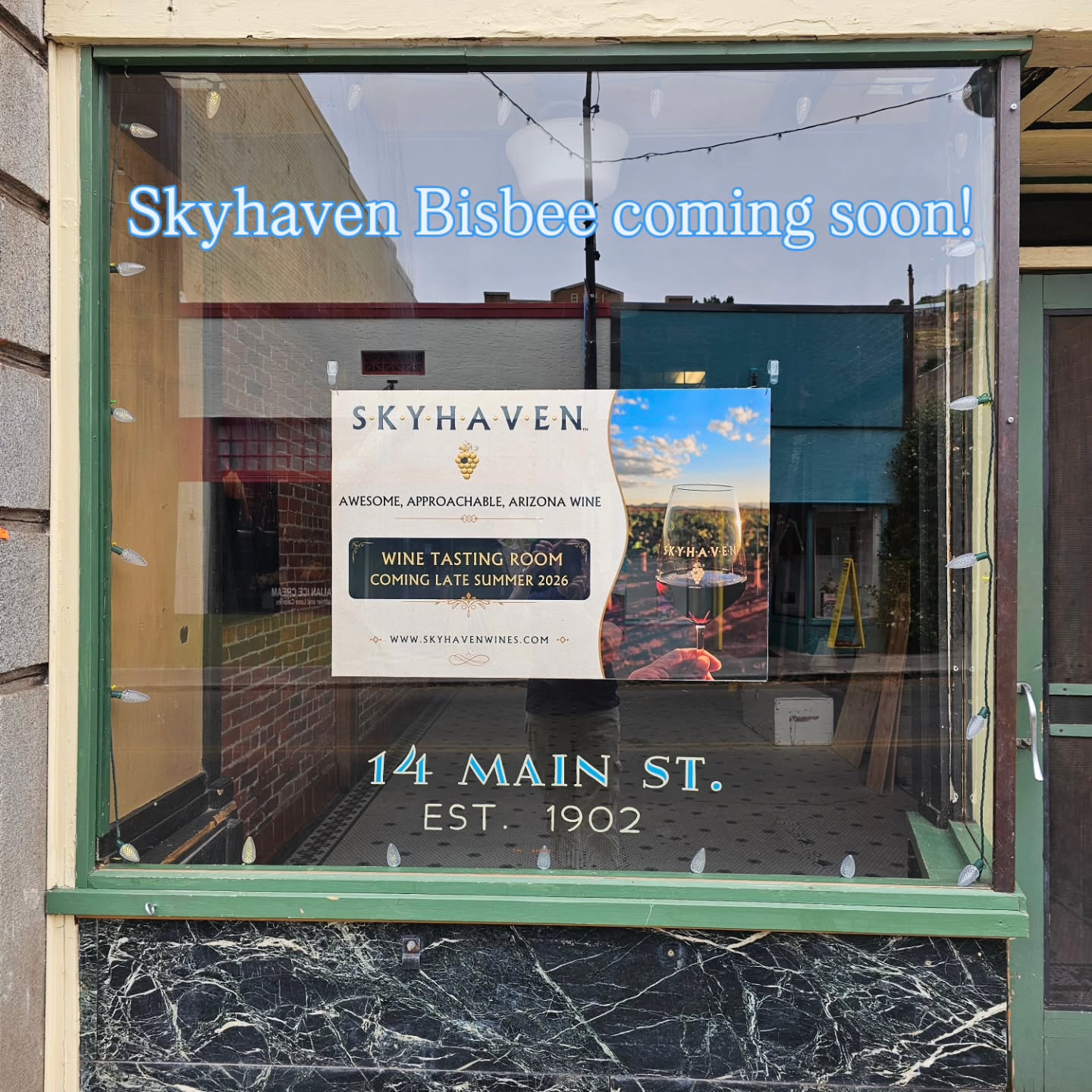 📯 Huzzah! Seems most fitting to post this "coming soon" sign in our Bisbee storefront during #arizonawineweek. Come late summer, we will be pouring yummy Skyhaven wines at 14 Main Street, Bisbee. Spread the word. Watch for news. 👏⚔️🍷 #azwine #azwinegrowers #winelife