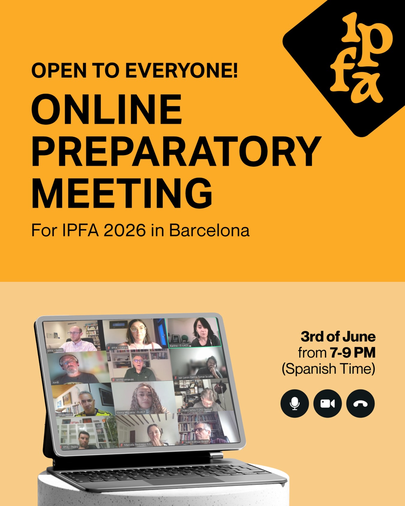 IPFA gets OPEN to everyone! 🌍📸
Join us for the Online Preparatory Meeting for the IPFA Meeting Barcelona 2026! 🚀
This open session is for festival directors, curators, photographers, cultural professionals and everyone interested in taking part in the IPFA Meeting 2026 in Barcelona.
During the meeting, we will present the final version of the programme, explain how the activities will work and answer all your questions about participation, networking, portfolio reviews, accommodation and the overall dynamics of the Meeting.
It will be the perfect moment to clarify your doubts, meet part of the international community and start preparing together for this major gathering of photography festivals 🖤
📍 Online (via Zoom)
🗓 3 June
⏰ 7 to 9 PM (Spanish time)
🔗 Comment “IPFA” and we’ll send you the link❗️
See you online! ✨