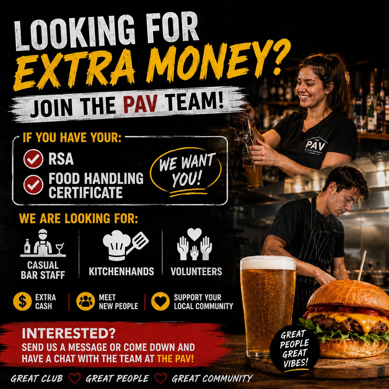 πΌ Looking for some extra money? Join The Pav team! π»π
If youβve got your:
β
RSA
β
APPROVED MANAGER
β
FOOD HANDLING CERTIFICATE
We want to hear from you!
We are currently looking for:
πΉ Casual Bar Staff
πΉ Kitchenhands
πΉ Volunteers
Great way to earn extra cash, meet new people, and support your local community club π
Interested? Send us a message thepav@lsa.org.au or come down and have a chat with the team at The Pav!