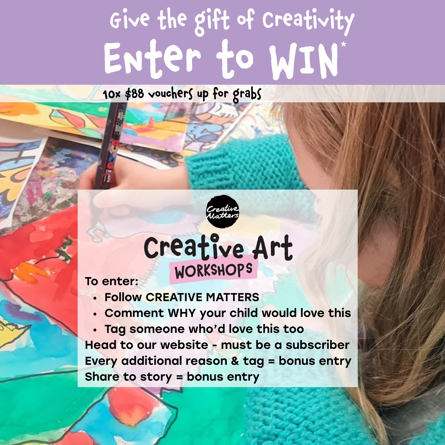 🎨 SCHOOL HOLIDAY GIVEAWAY 🎨
We're giving away 10 Creative Matters Holiday Programme vouchers over 3 weeks!
To enter:
1. Follow Creative Matters
2. Tell us why your child would love our Holiday Programme
3. Subscribe via our website
Bonus entries for:
✨ Tagging friends
✨ Sharing to your story and tagging us
✨ Additional comments
We'll be announcing winners every week throughout July!
T&Cs apply. Full Terms & Conditions available on our website.