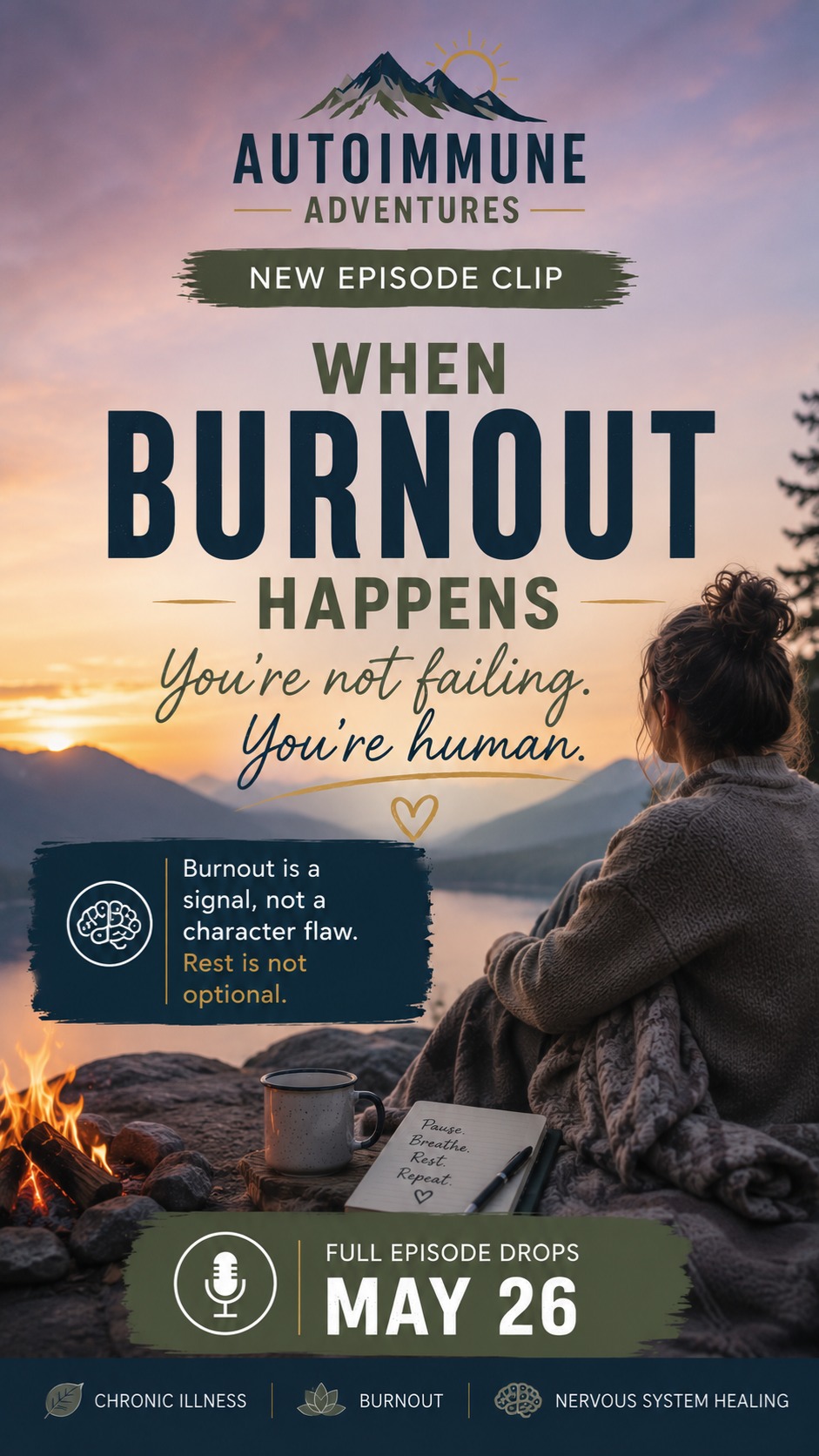 “Burnout is not failure.”
In this deeply validating conversation, Zoa Conner talks about what burnout really looks like for people living with chronic illness — the exhaustion that comes from surviving in constant overdrive for far too long.
Sometimes burnout is the nervous system waving a white flag.
This episode is a reminder that rest is not weakness, and your body deserves care before complete collapse.
If you are burned out right now, we hope this conversation helps you feel seen.
🎥 Full episode with Zoa Conner releases May 26 on Autoimmune Adventures.
#AutoimmuneAdventures #ZoaConner #BurnoutRecovery #ChronicIllness #InvisibleIllness #HealingJourney #AutoimmuneDisease #NervousSystemHealing #RestIsHealing #ChronicIllnessSupport