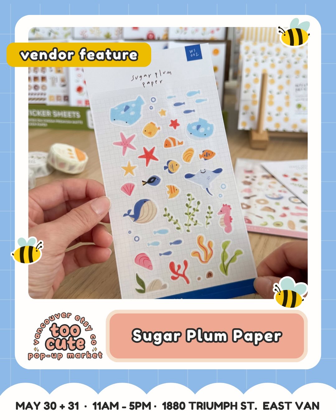 For the cutie collectors and little-treasure hunters โจ
Meet Sugar Plum Paper @sugarplumpaper.ca is coming to TOO CUTE with Stickers, sticker sheets, washi tapes, notepads + magnetic bookmarks โ aka the kind of booth you wander into โjust to lookโ and then suddenly need a treat for yourself.
Sugar Plum Paper is a cozy stationery and journaling supply shop for playful hand-drawn designs. As an artist and stationery enthusiast, their journaling hobby inspires every product that they design, draw, and create in their home studio in Richmond, BC!
๐๏ธ Want the ticket link? Comment TICKETS and weโll send it straight to your DMs.
Tickets are just $3 and good for both days | Kids 12 + under FREE
๐ฐ Buy early = more chances to win market cash + swag!
For every 100 tickets sold, weโll draw for market cash or swag to spend at the market.
๐ 50% of ticket proceeds benefit Backpack Buddies Canada + Quest Non-Profit Grocery Market.
๐ญ Come in costume for a bonus ballot! Keep it family-friendly and youโll be entered to win a prize package.
๐๏ธ Sat May 30 + Sun May 31 | 11amโ5pm
๐ Maritime Labour Centre, 1880 Triumph St, East Van
๐ถ Pet-friendly + fully accessible
๐ Comment TICKETS to grab yours!
#VancouverEtsyCo #TooCuteMarket #VancouverMarket #VancouverMakers #EastVan