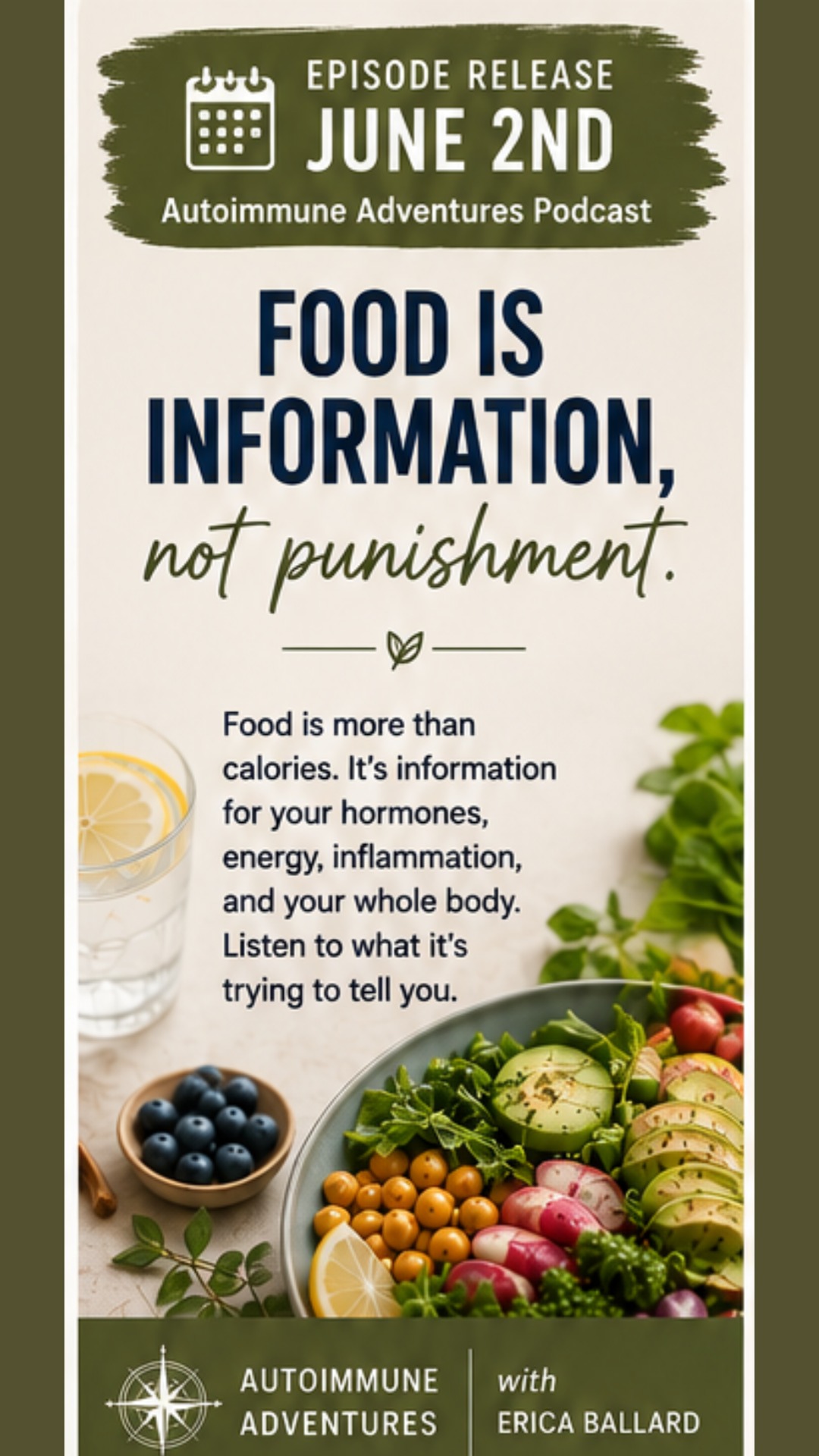 FOOD IS INFORMATION, NOT PUNISHMENT
So many women have been taught to think about food only through the lens of calories, weight, or restriction. In this clip, Erica reframes food as information—something that impacts hormones, energy, inflammation, stress response, and overall wellness. This conversation is a reminder that listening to your body is not weakness. It’s wisdom.
#AutoimmuneAdventures #WomensHealth #HormoneHealth #AutoimmuneDisease #ChronicIllness #Inflammation #Perimenopause #Metabolism #MindBodyConnection #NervousSystemHealing #HealingJourney #WellnessForWomen #HealthPodcast #FunctionalHealth #ListenToYourBody