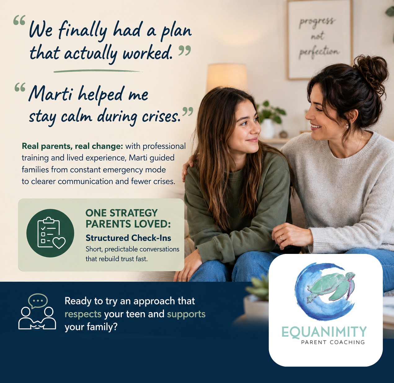 Here’s a version that feels more grounded in the language and themes reflected in your client testimonials while keeping it emotionally resonant and conversion-oriented:
“We finally felt like we had tools that actually helped.”
“Marti helped me stay grounded during some of the hardest moments with my child.”
“For the first time in a long time, our home felt calmer and communication started improving.”
Parents do not need more judgment. They need support, practical tools, and someone who understands both the emotional weight and the complexity of these challenges.
I’m Marti, founder of Equanimity Parent Coaching, and I partner with parents of teens and young adults navigating substance use, mental health challenges, and high-conflict family dynamics.
Together, we focus on small, evidence-based shifts that create meaningful change over time, including tools like short daily check-ins that help reduce escalation, improve connection, and rebuild trust.
Parents often tell me they begin feeling:
• less reactive
• more emotionally grounded
• clearer in their communication and boundaries
• more hopeful about their family’s future
You do not have to carry this alone.
Visit equanimityparentcoaching.com to learn more, schedule a consultation, and read parent stories from families who have walked this path. 💙
#EquanimityParentCoaching #ParentSupport #FamilyRecovery #ParentCoaching #MentalHealthSupport #SubstanceUseRecovery #ParentingTeens #NervousSystemRegulation #AttachmentBasedParenting #FamilyCommunication