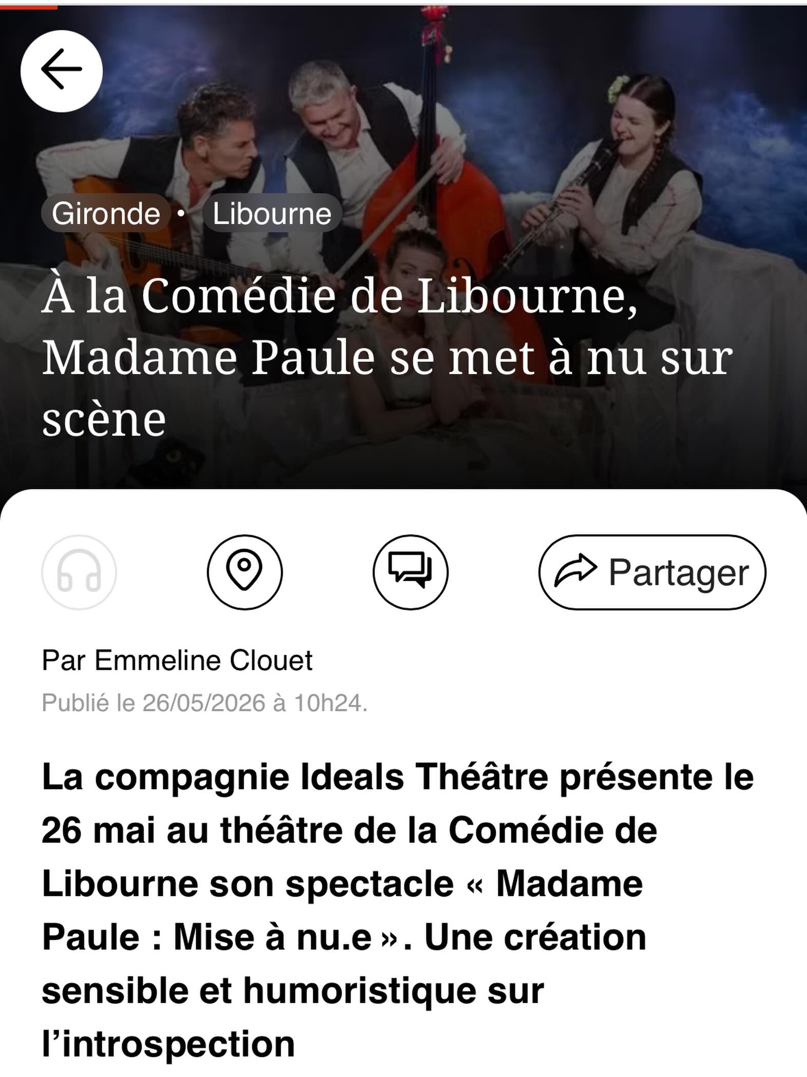 Merci à Emmeline Clouet de SudOuest.fr pour ce coup de projecteur !
Pour lire l’article, Lien en Commentaire.
A ce soir à la Comédie de Libourne ! 🎭🎶✨🫶
#culture #music #theatre #spectacle #live