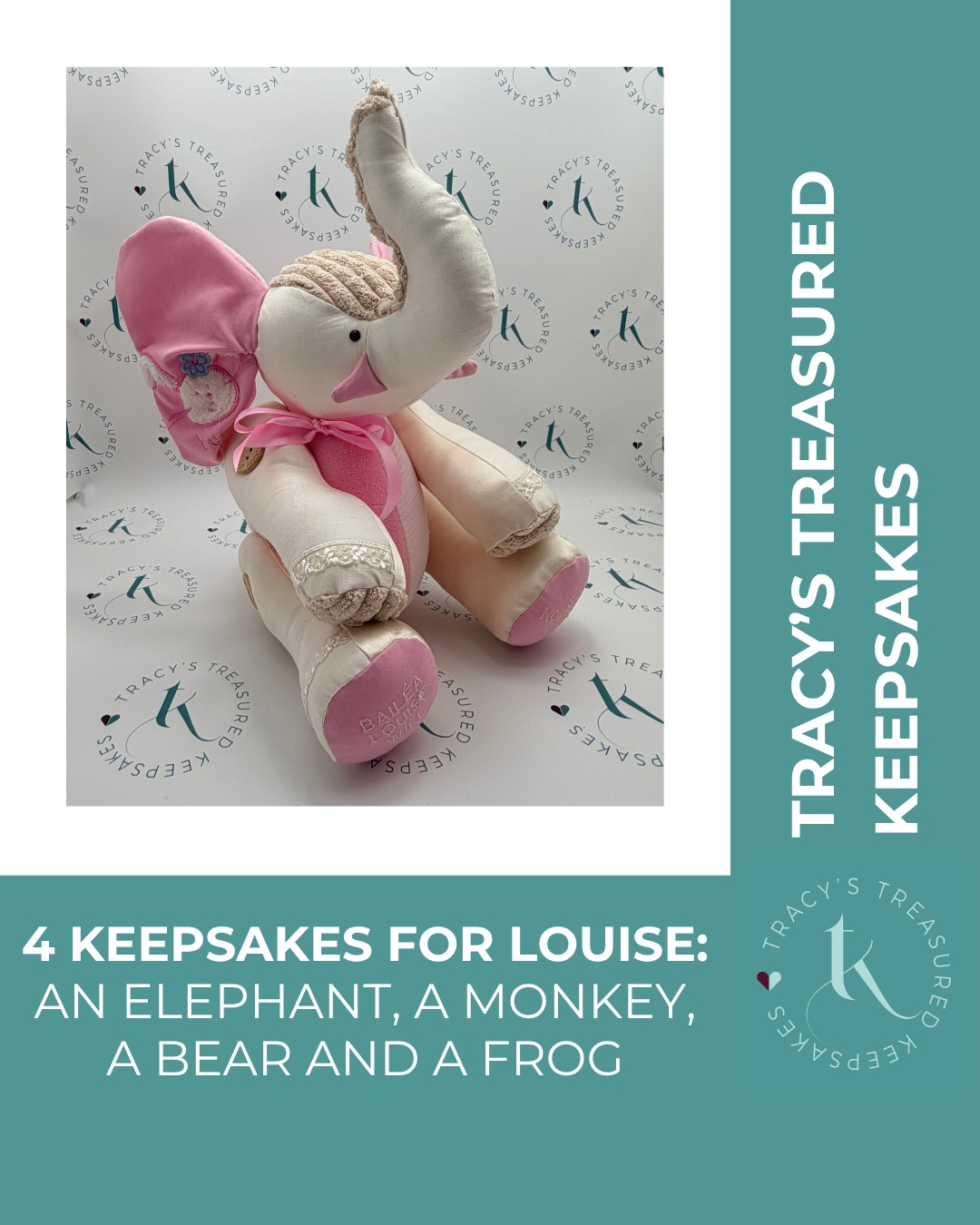 When Louise asked me to create 4 keepsakes: an elephant, monkey, bear, and frog; the materials list was beautifully unconventional.
Each keepsake is made from her children's old baby clothes, pieces of her wedding dress, and a piece of the sofa cushion they sat on when they were sick.
Think about that.
Baby clothes from their early days, the dress from her wedding day, and the cushion that comforted them through illness. Every source of comfort and love in their family, woven together into keepsakes they can hold.
What an extraordinary way to preserve the moments that matter most.
#TracysTreasuredKeepsakes #SmallBusinessUK #PersonalisedKeepsakes #HertsCustomKeepsakes #HandmadeGiftsUK
