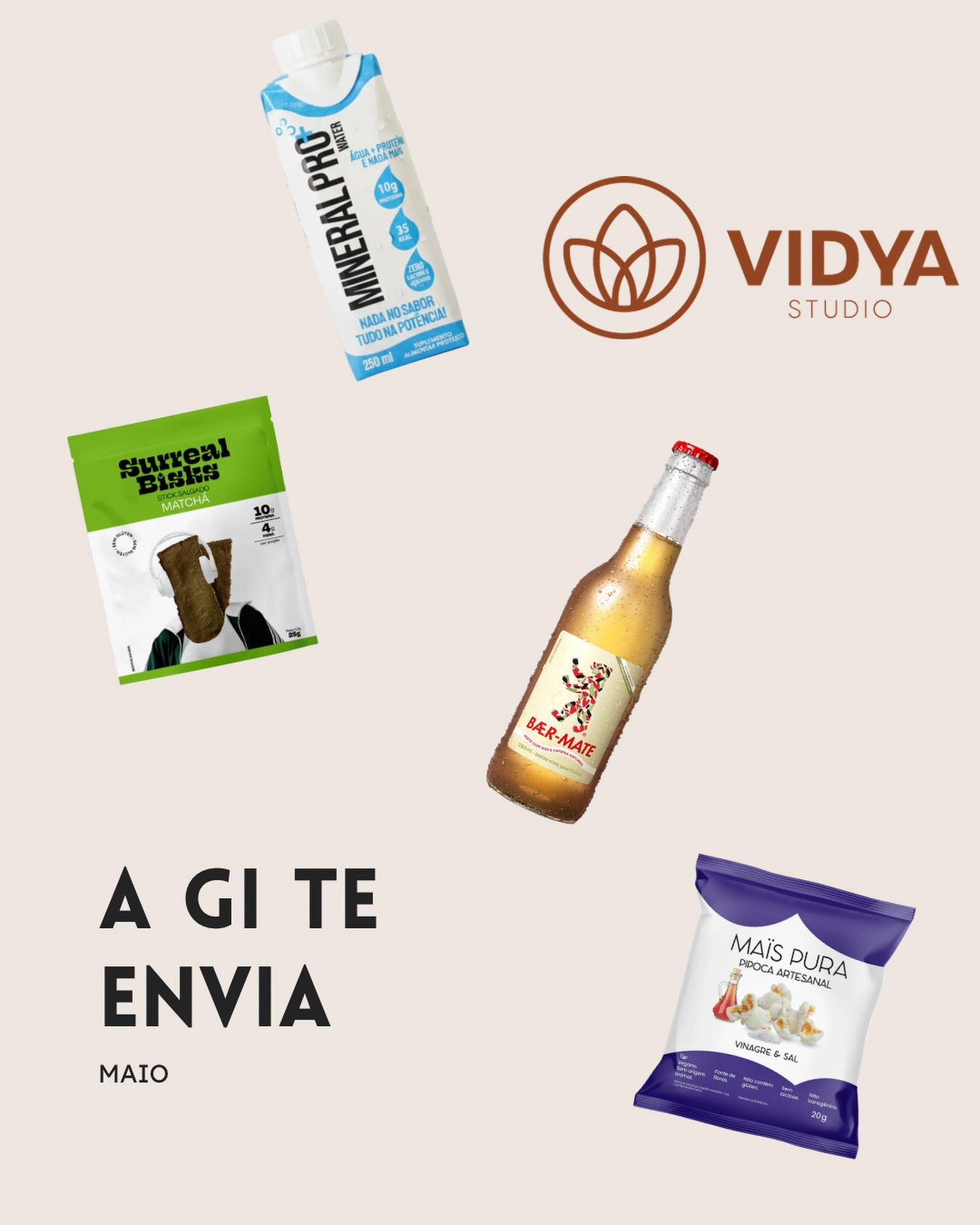 A Gi te Envia de maio tem snack de matchá da @surrealbisks.snacks, pipoca de vinagre da @maispura (a minha favorita), bebida gaseifica de mate da @baermate, água proteica da @mineralpro.water e uma aula de yoga sem aquecimento no @vidya.sp.paraiso