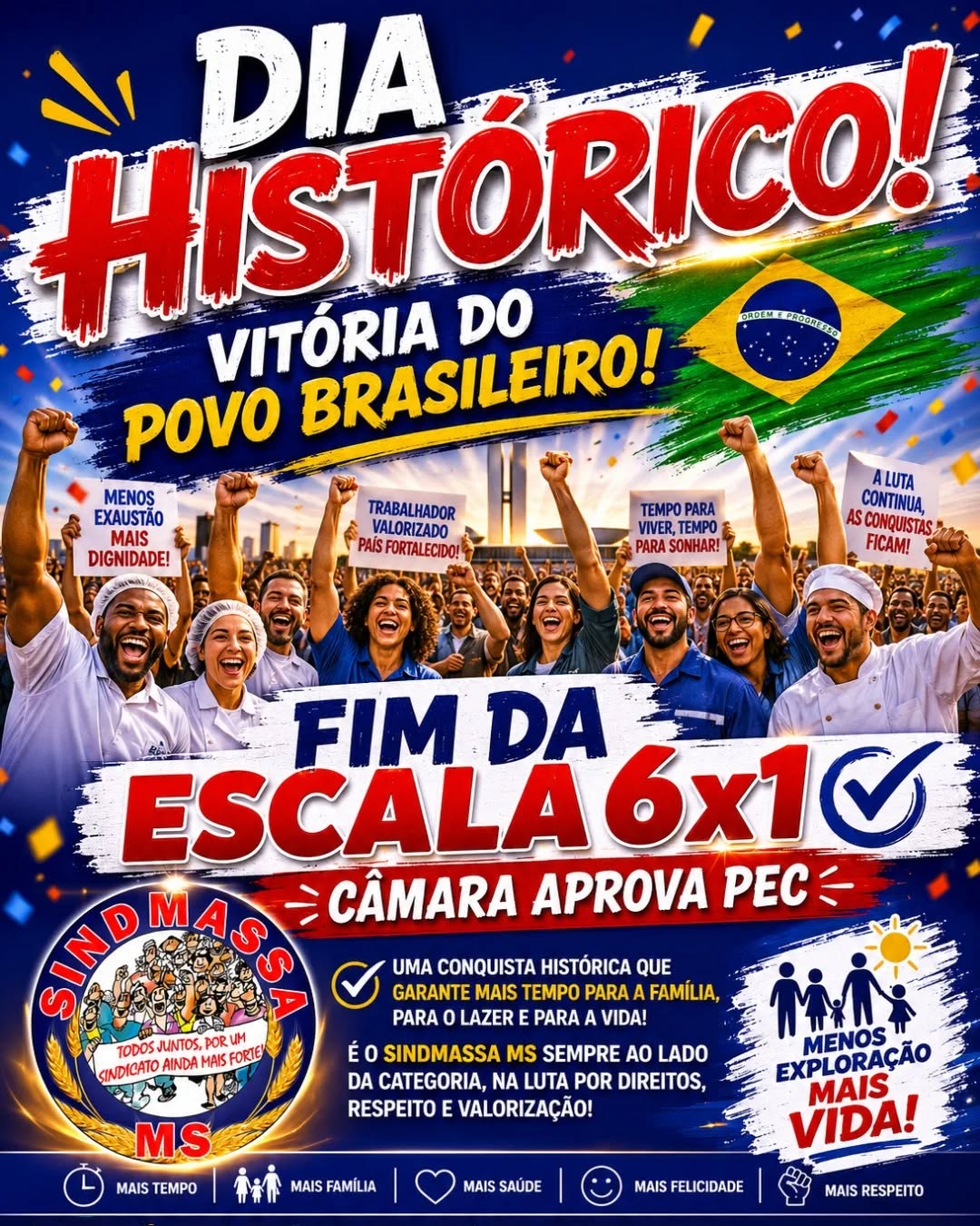 Quem garante o pão quentinho na mesa, a produção de massas, o abastecimento dos frigoríficos e a ração dos nossos animais também merece tempo para abastecer a própria vida! 🥖🥩🌾
A aprovação da PEC pelo fim da escala 6x1 na Câmara é uma vitória histórica para a nossa categoria.
Não dava mais para viver no limite da exaustão.
Trabalhador valorizado é trabalhador com direito ao descanso, ao lazer e ao convívio com a sua família.
O SINDMASSA MS segue firme na linha de frente, lutando por mais dignidade, respeito e saúde para todos os profissionais que movem a nossa alimentação.
Menos exploração, mais vida! 👊🔥
#FimDaEscala6x1 #SindmassaMS #TrabalhadoresDaAlimentacao #DignidadeNoTrabalho #VitoriaDoPovo MaisTempoMaisVida DireitosTrabalhistas Escala6x1Nao ValorizacaoProfissional ExploracaoNao TrabalhadorUnido