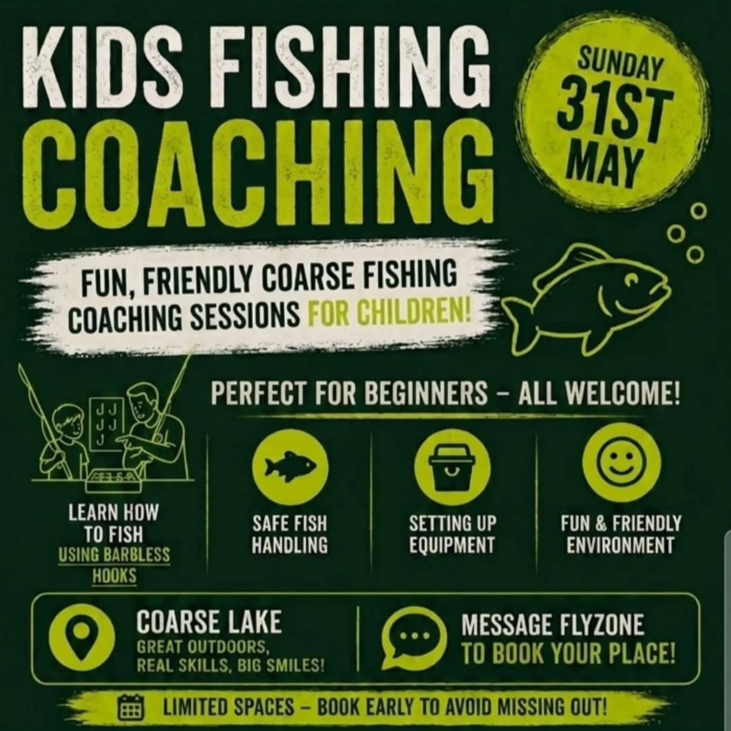 📣 Last Call for Junior Coaching Sessions! 📣
Don’t miss out — bookings close tomorrow!
All young anglers must be booked on in advance and unfortunately cannot just turn up on the day.
Not many spaces left, if you’re wanting to get your young ones involved, now’s the time to secure their place!
📍 Sessions held on the Coarse Lake, 31st May
Location: Wykeham, near Scarborough, YO13 9QU
Book via this link: https://swimbooker.com/event/c0f4dd05-a69f-4417-a944-79a9746a6baf
For more information please contact FlyZone on 07795 432976 and leave a voicemail if not answered.
#getfishing #juniorangler #memoriesforlife #coarselake #anglerlife