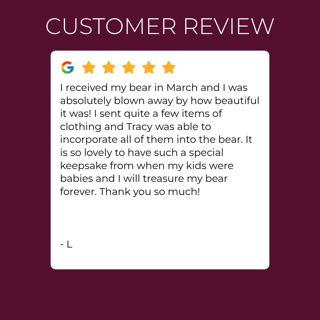 Every keepsake tells a story 💛 Thank you so much for trusting me with your precious clothing and memories
#memorybears #keepsakebear #customerreviews #happycustomers #testimonialtuesday #handmadewithlove #smallbusinessuk #uksmallbusiness #memorialgifts #babykeepsake #supportsmallbusiness #handmadeuk #gratefulheart #keepsakememories #tracystreasuredkeepsakes